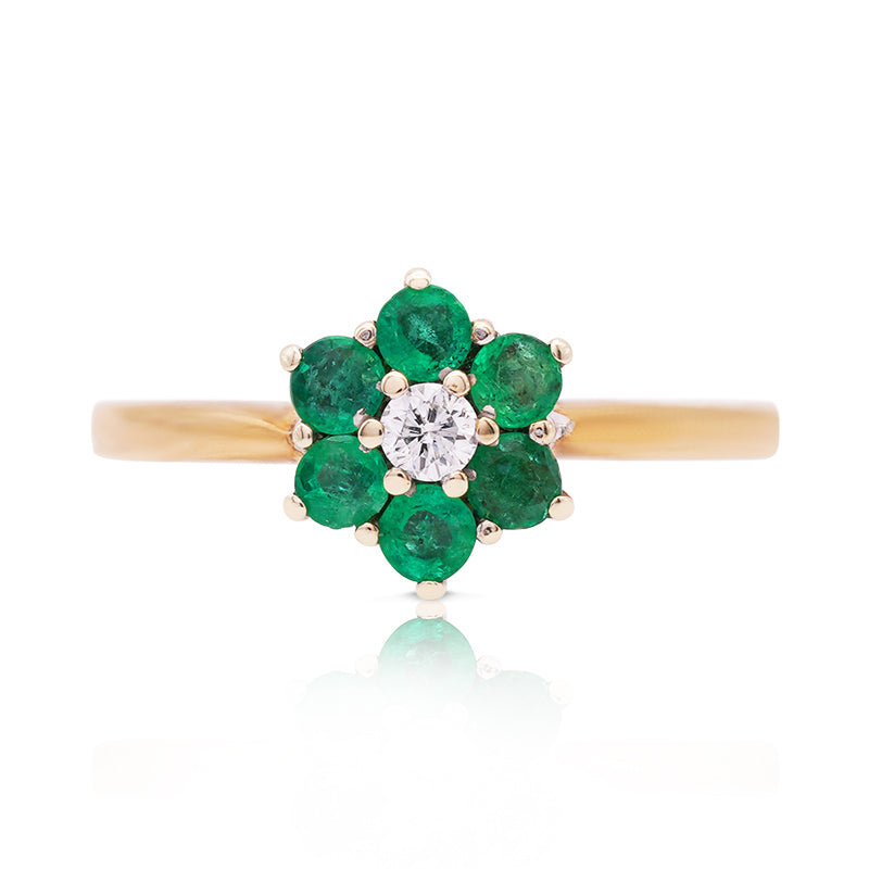 9 Carat Yellow Gold Emerald and Diamond Cluster Ring