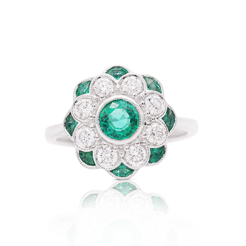 18 Carat White Gold Emerald and Diamond Cluster Ring