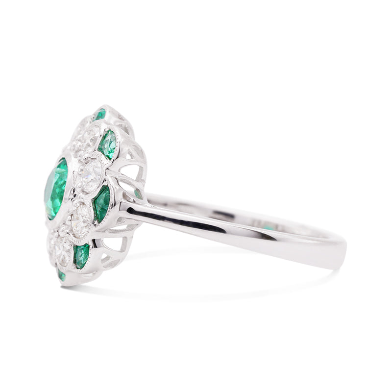 18 Carat White Gold Emerald and Diamond Cluster Ring
