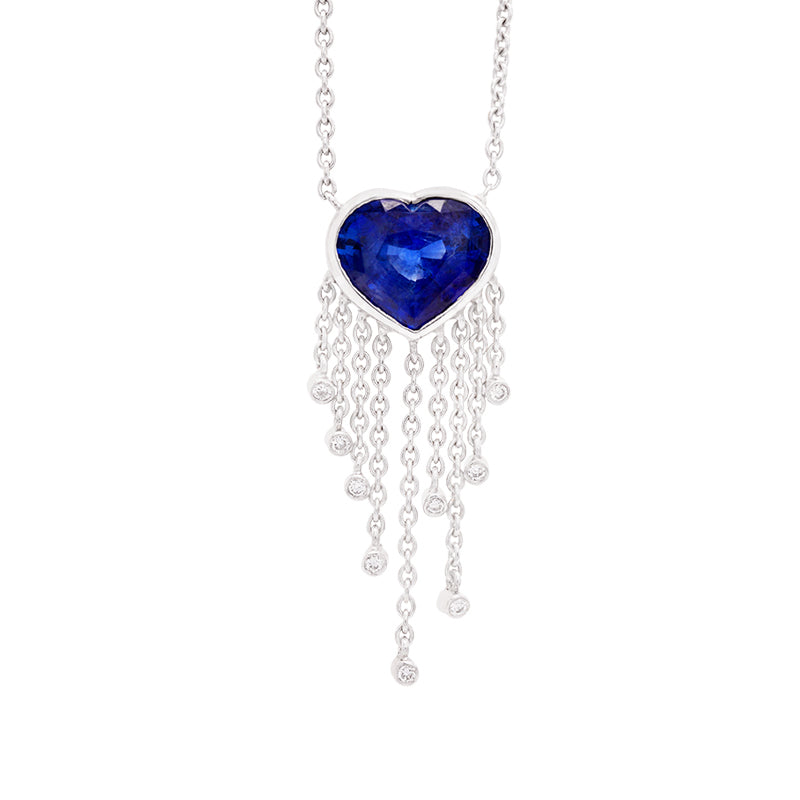 18 Carat White Gold Heart Sapphire and Diamond Drop Necklace