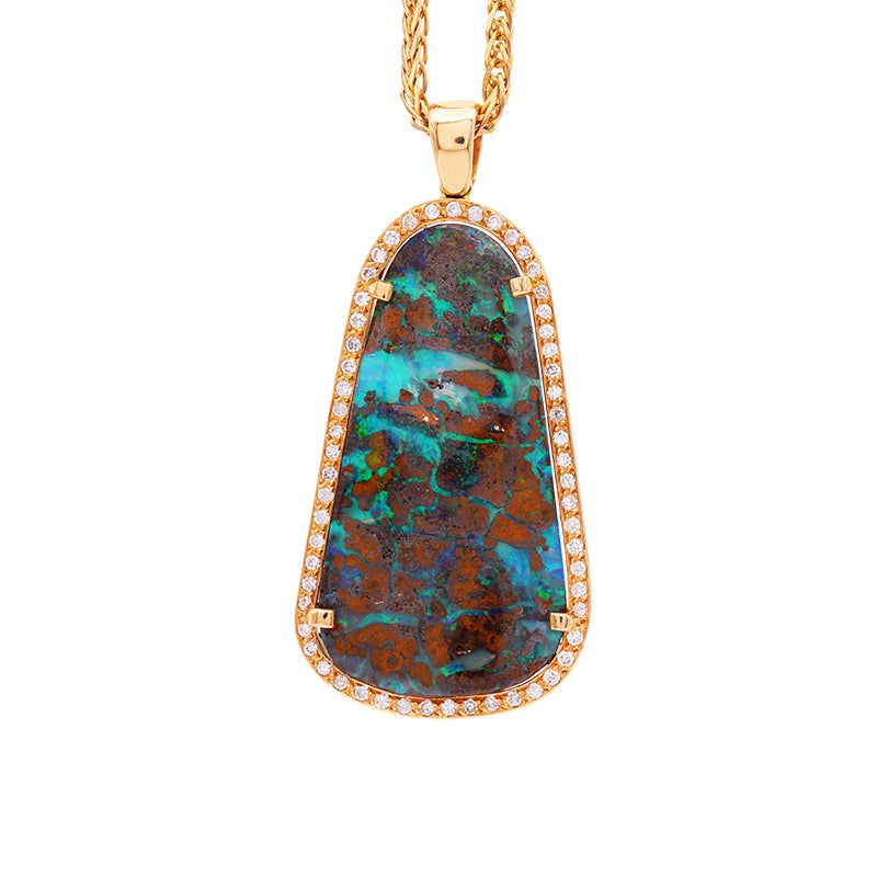 18 Carat Yellow Gold Boulder Opal and Diamond Pendant on Chain