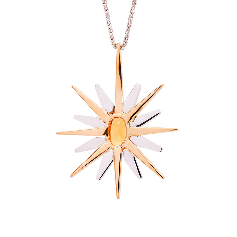 18ct Yellow & White Gold Starburst Pendant with 2.05ct Padparadscha Sapphire and Diamond – Handmade Statement Necklace with Platinum Chain
