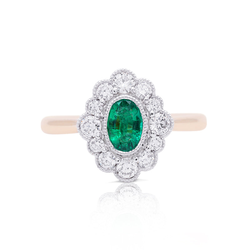 18 Carat White & Yellow Gold Emerald and Diamond Halo Ring