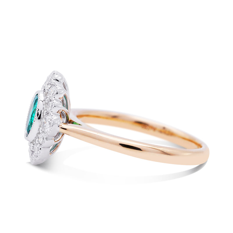18 Carat White & Yellow Gold Emerald and Diamond Halo Ring
