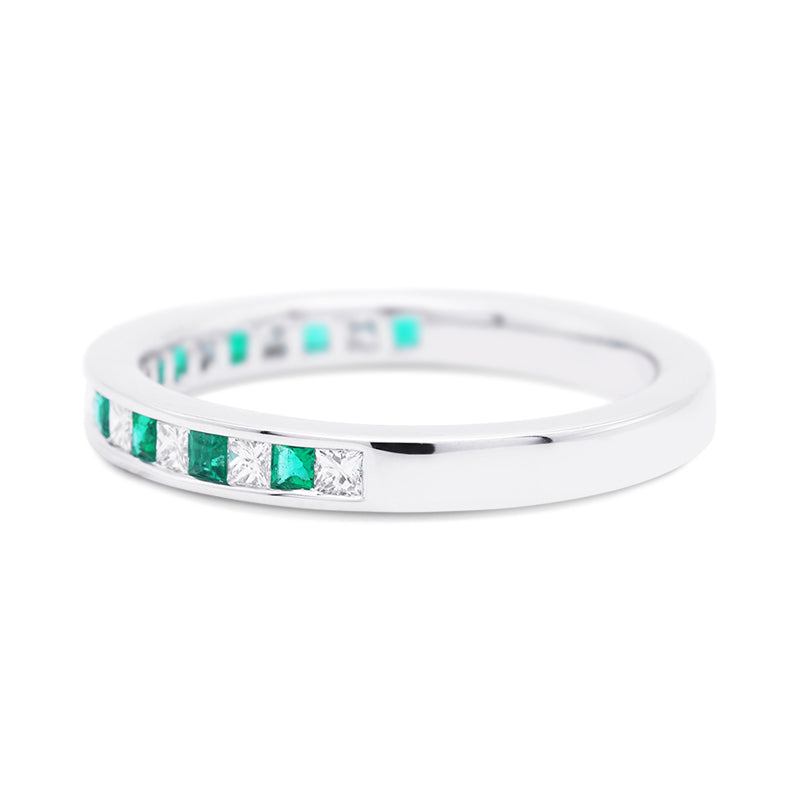 18 Carat White Gold Emerald and Diamond Half Eternity Ring