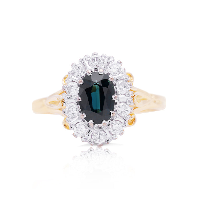 18 Carat Yellow Gold Teal Sapphire and Diamond Halo Ring