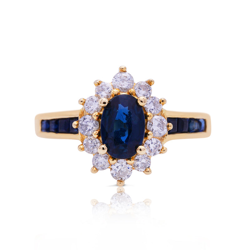 18 Carat Yellow Gold Sapphire and Diamond Cluster Ring