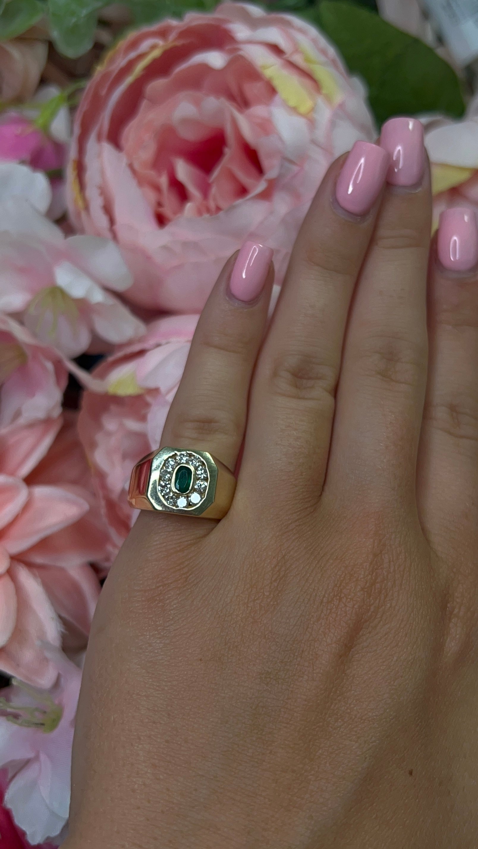 14 Carat Yellow Gold Emerald and Diamond Signet Ring