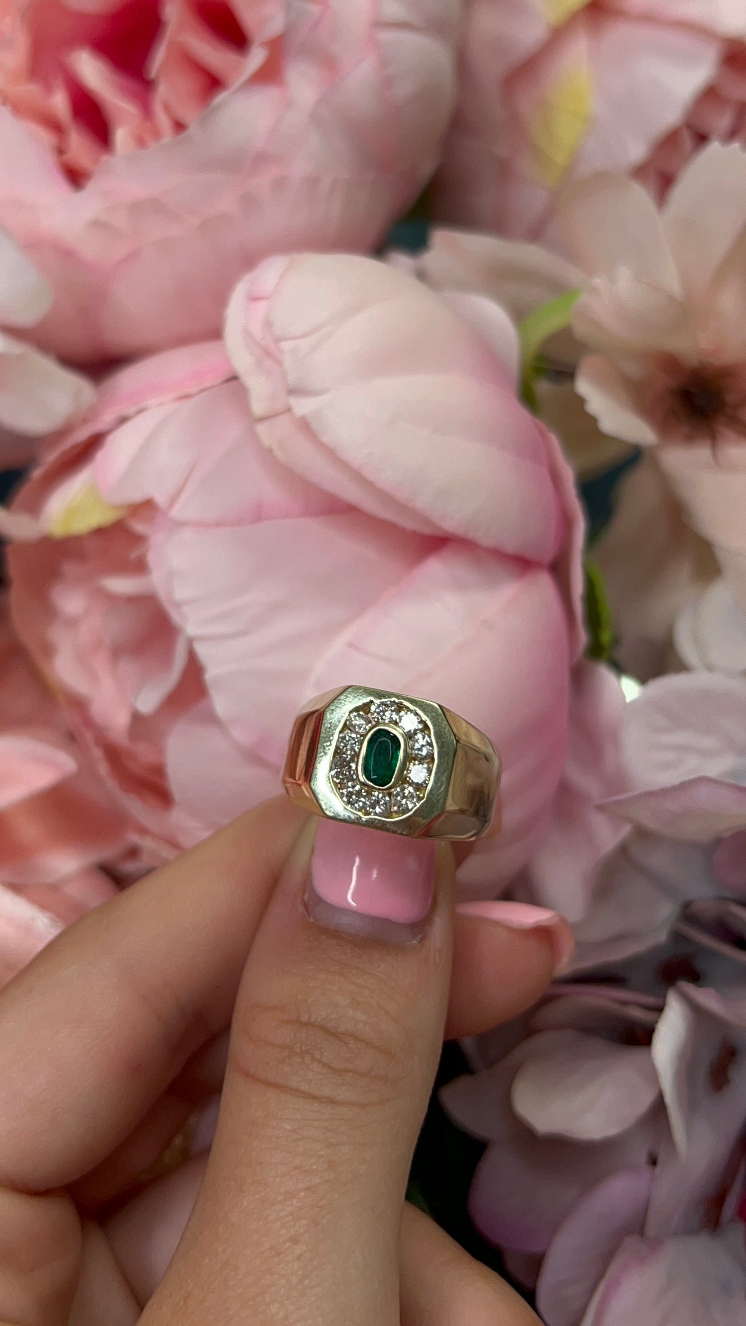 14 Carat Yellow Gold Emerald and Diamond Signet Ring