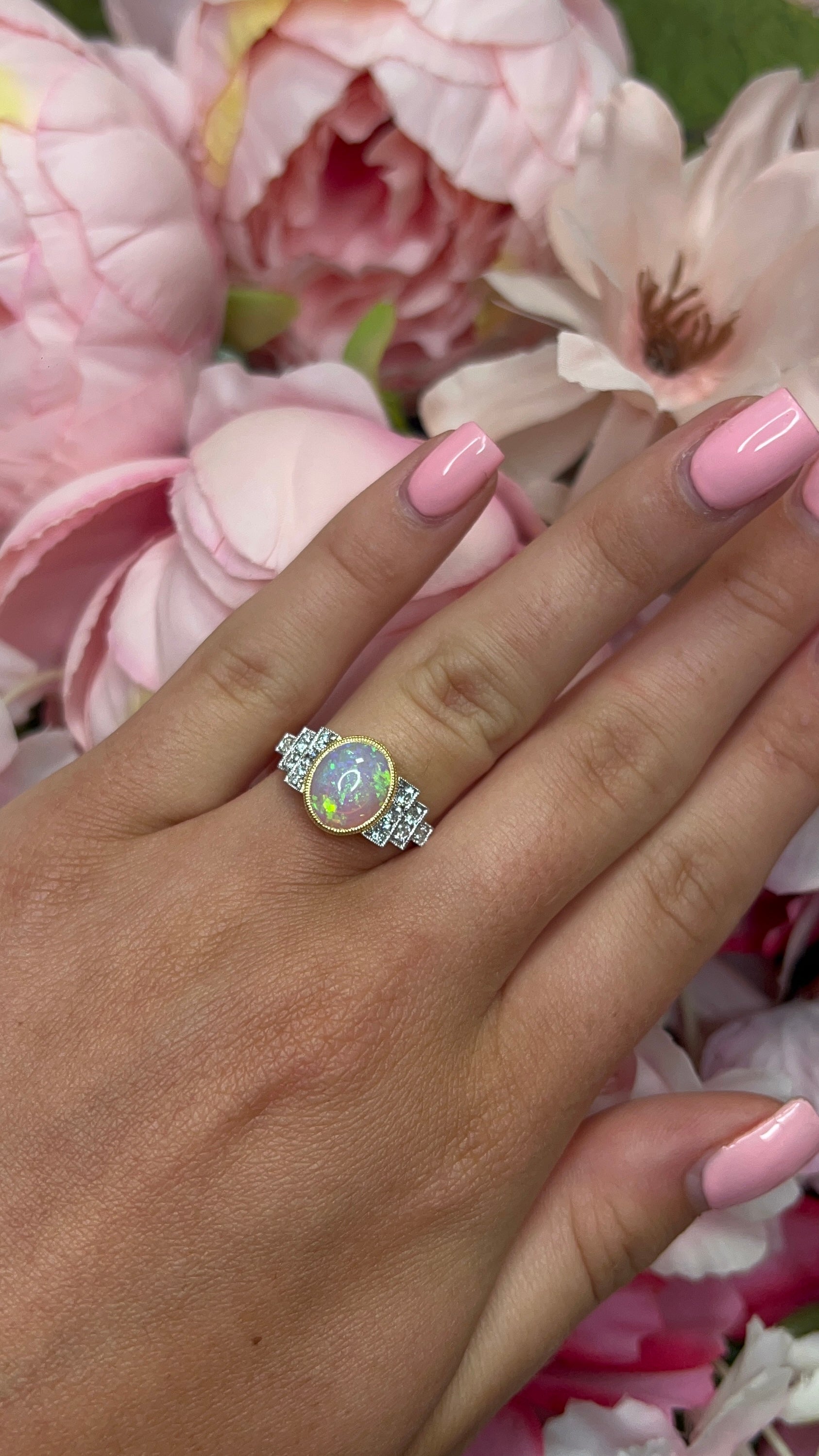 18 Carat Yellow Gold and Platinum Opal and Diamond Cocktail Ring