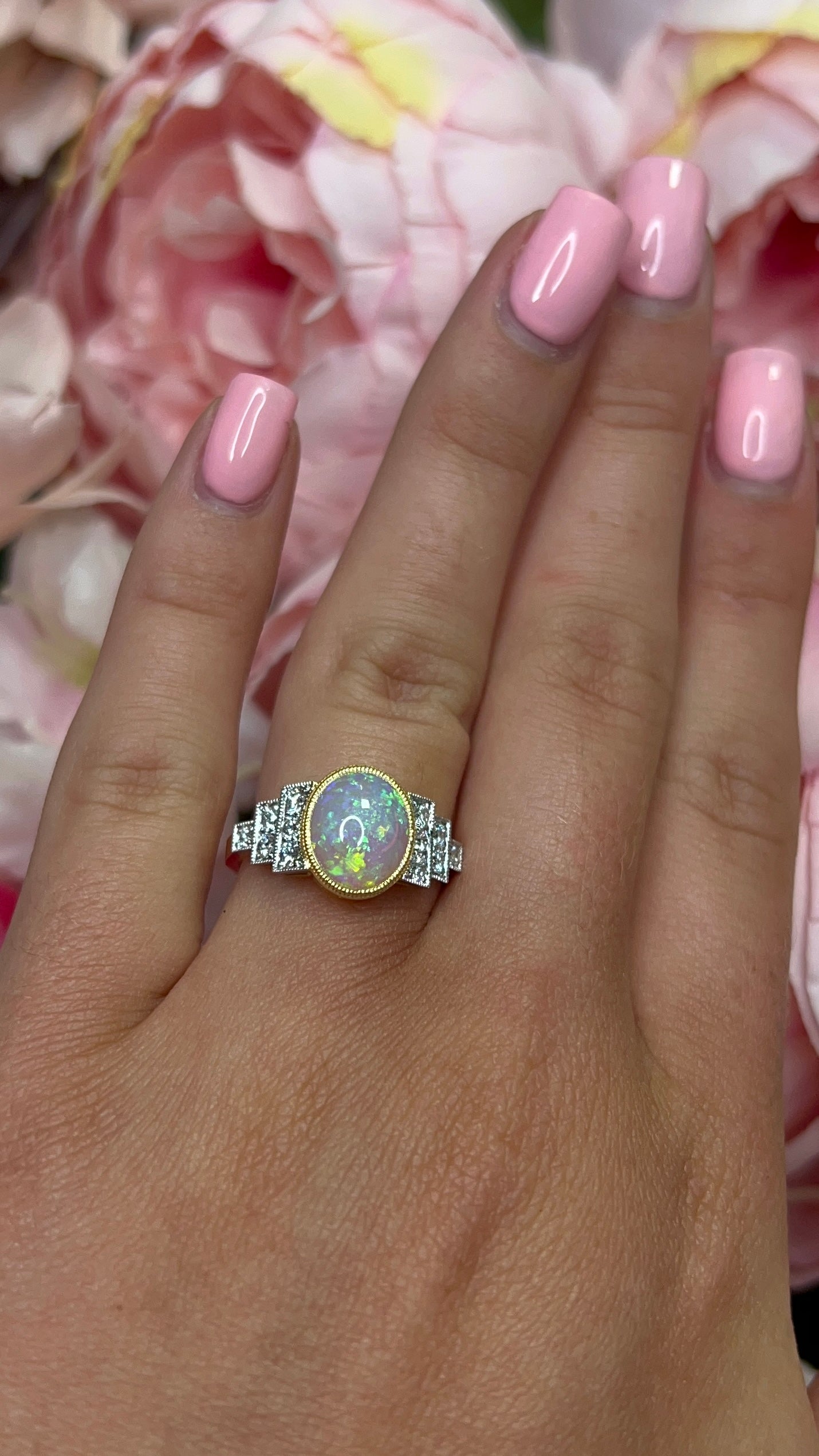 18 Carat Yellow Gold and Platinum Opal and Diamond Cocktail Ring