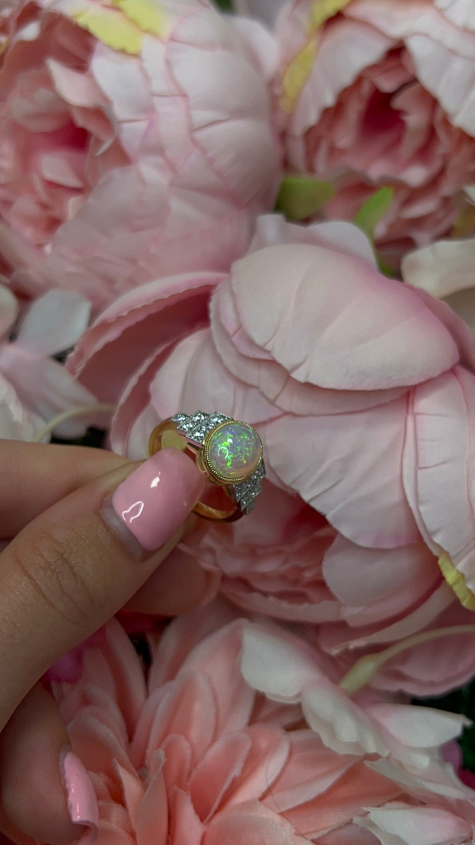 18 Carat Yellow Gold and Platinum Opal and Diamond Cocktail Ring
