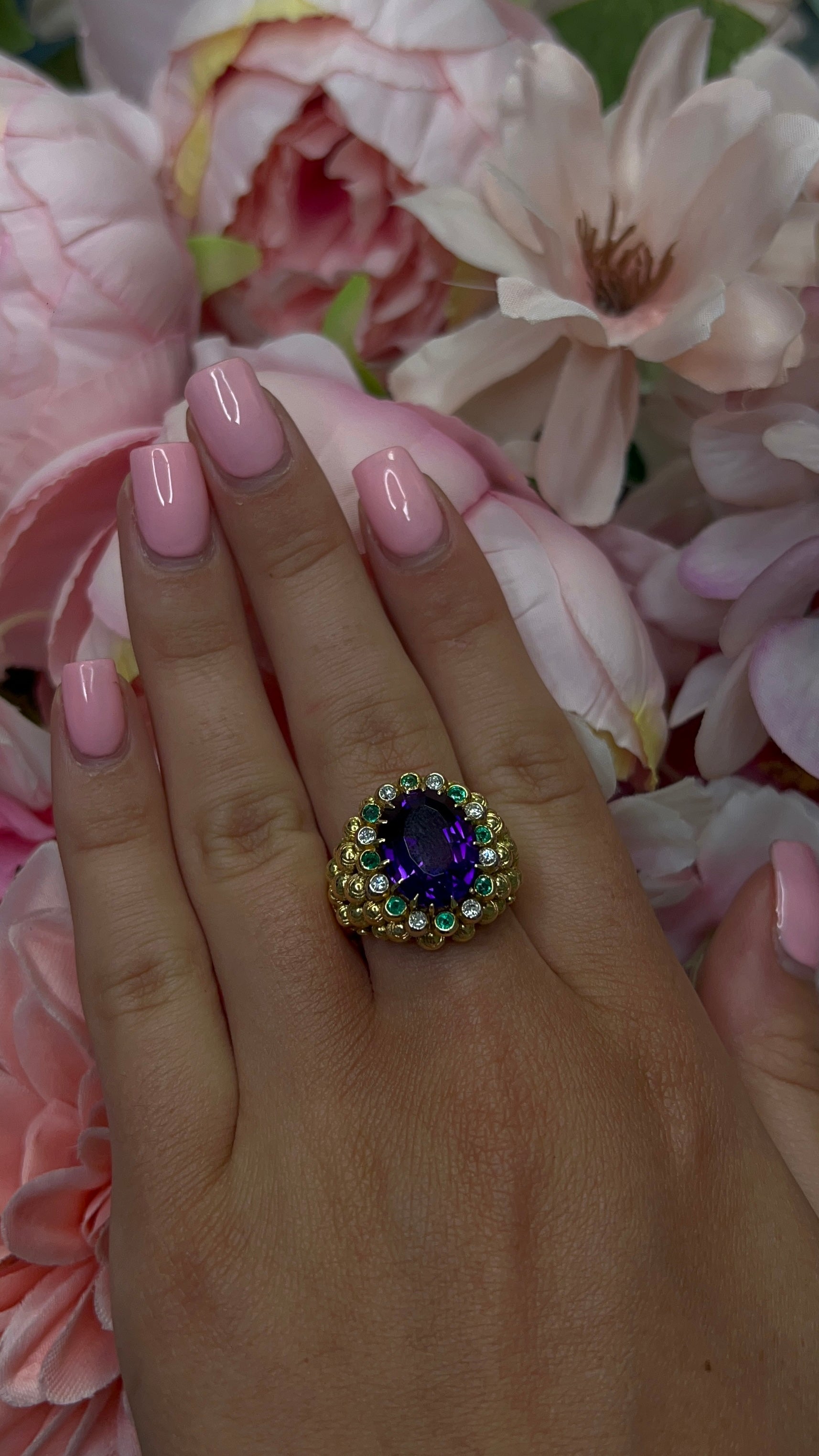 18 Carat Yellow Gold Amethyst, Emerald and Diamond Dress Ring