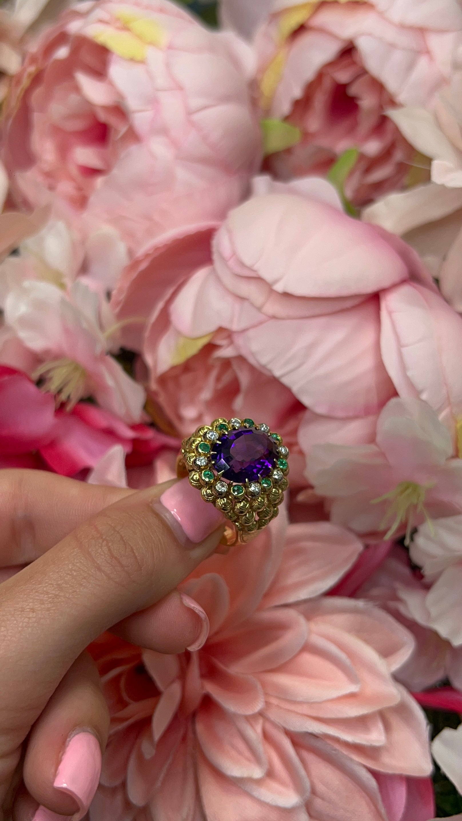 18 Carat Yellow Gold Amethyst, Emerald and Diamond Dress Ring