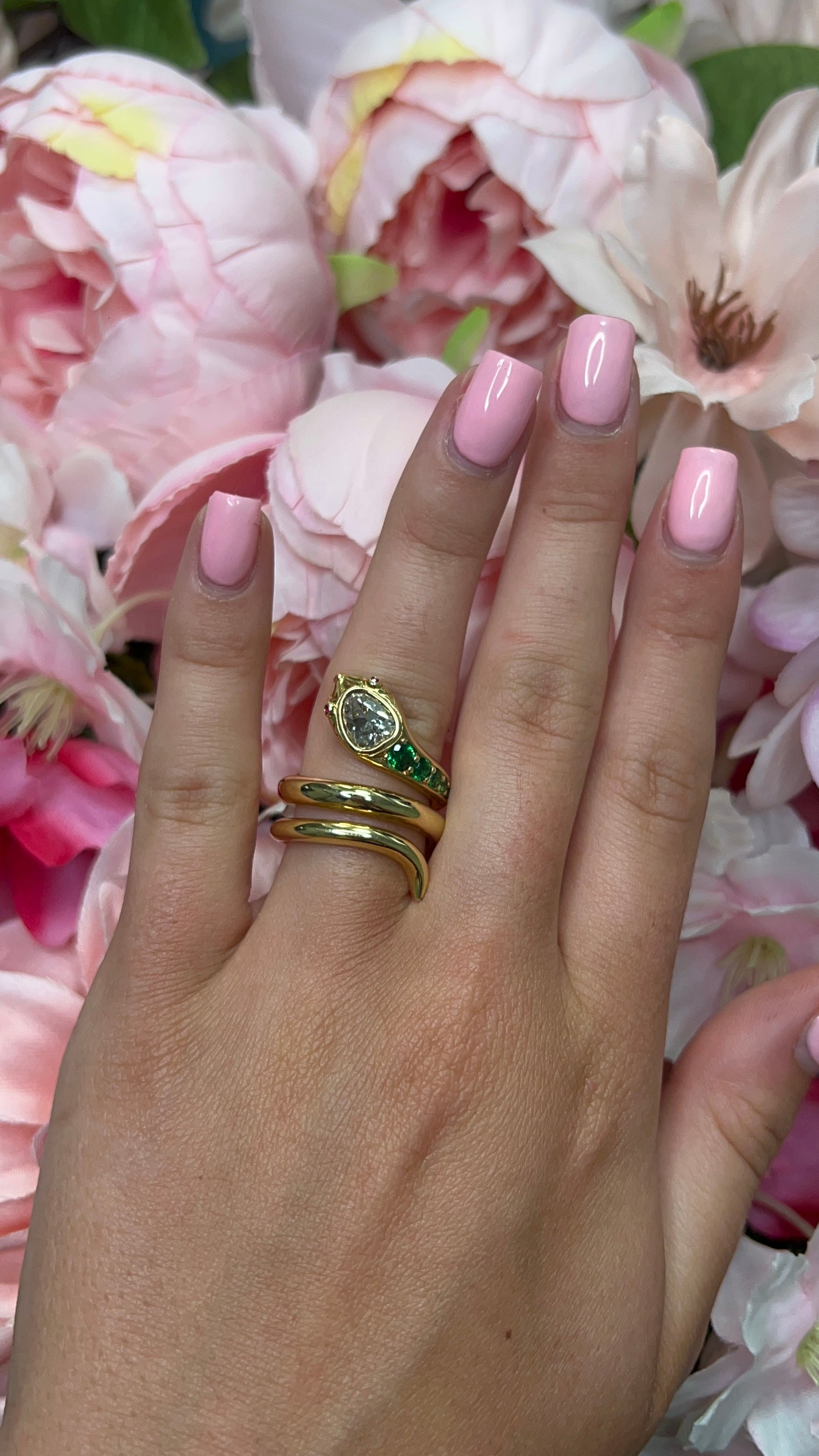18 Carat Yellow Gold Diamond, Tsavorite & Ruby Snake Ring