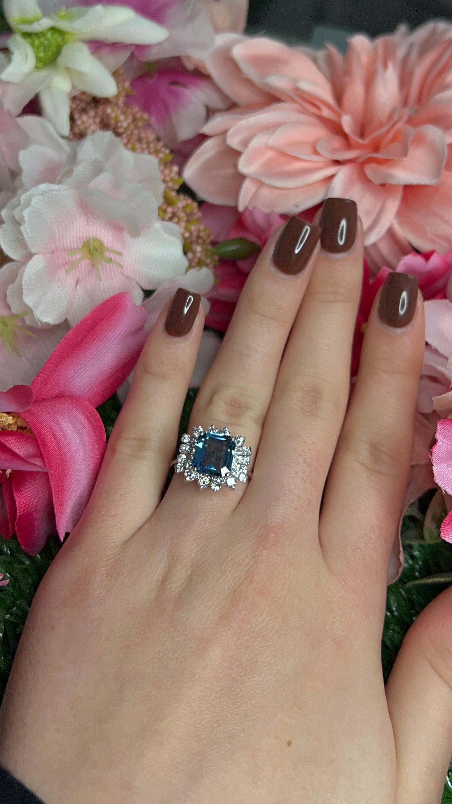 18 Carat White Gold Teal Sapphire and Diamond Dress Ring