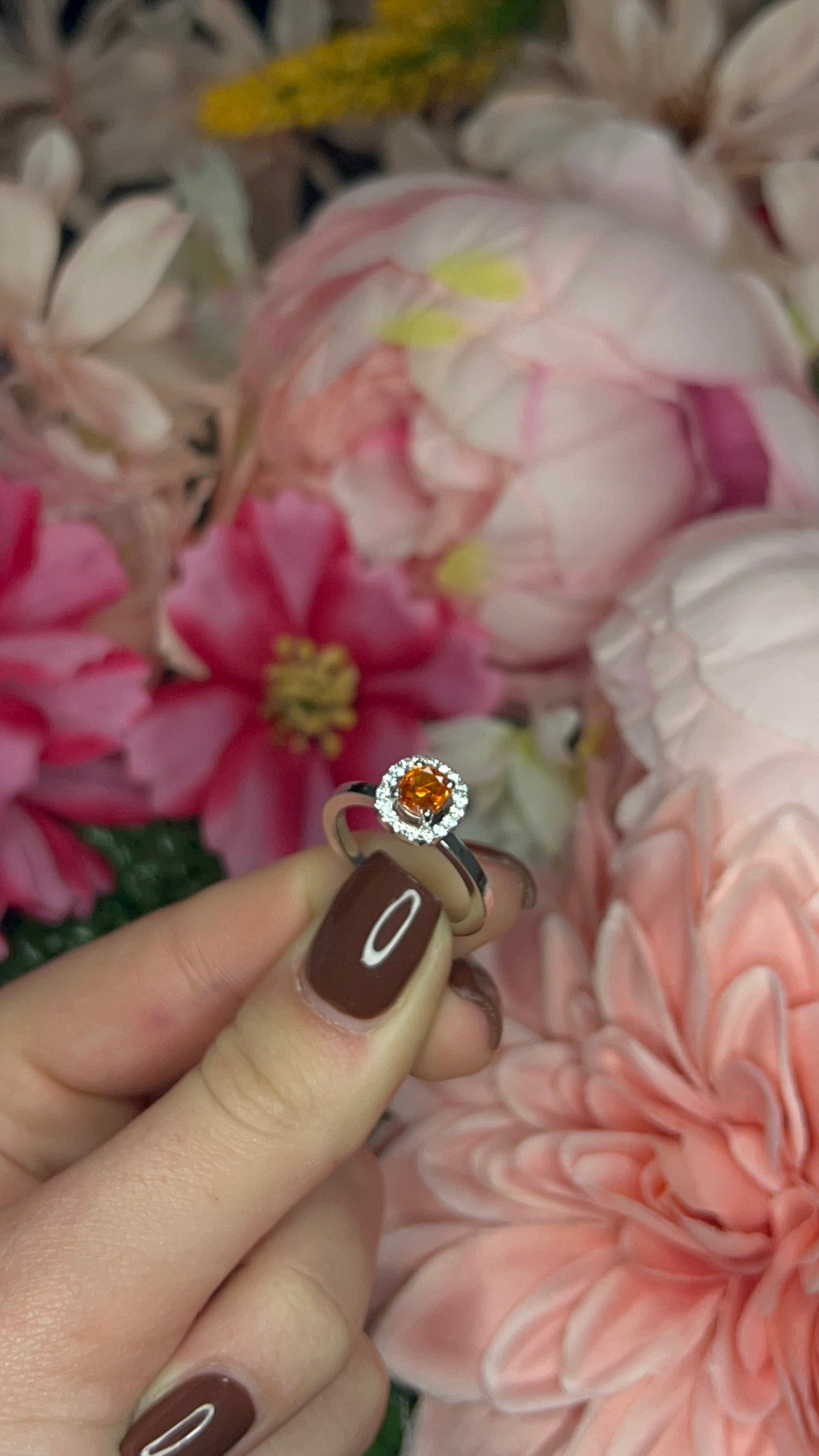 Platinum Orange Sapphire and Diamond Halo Ring