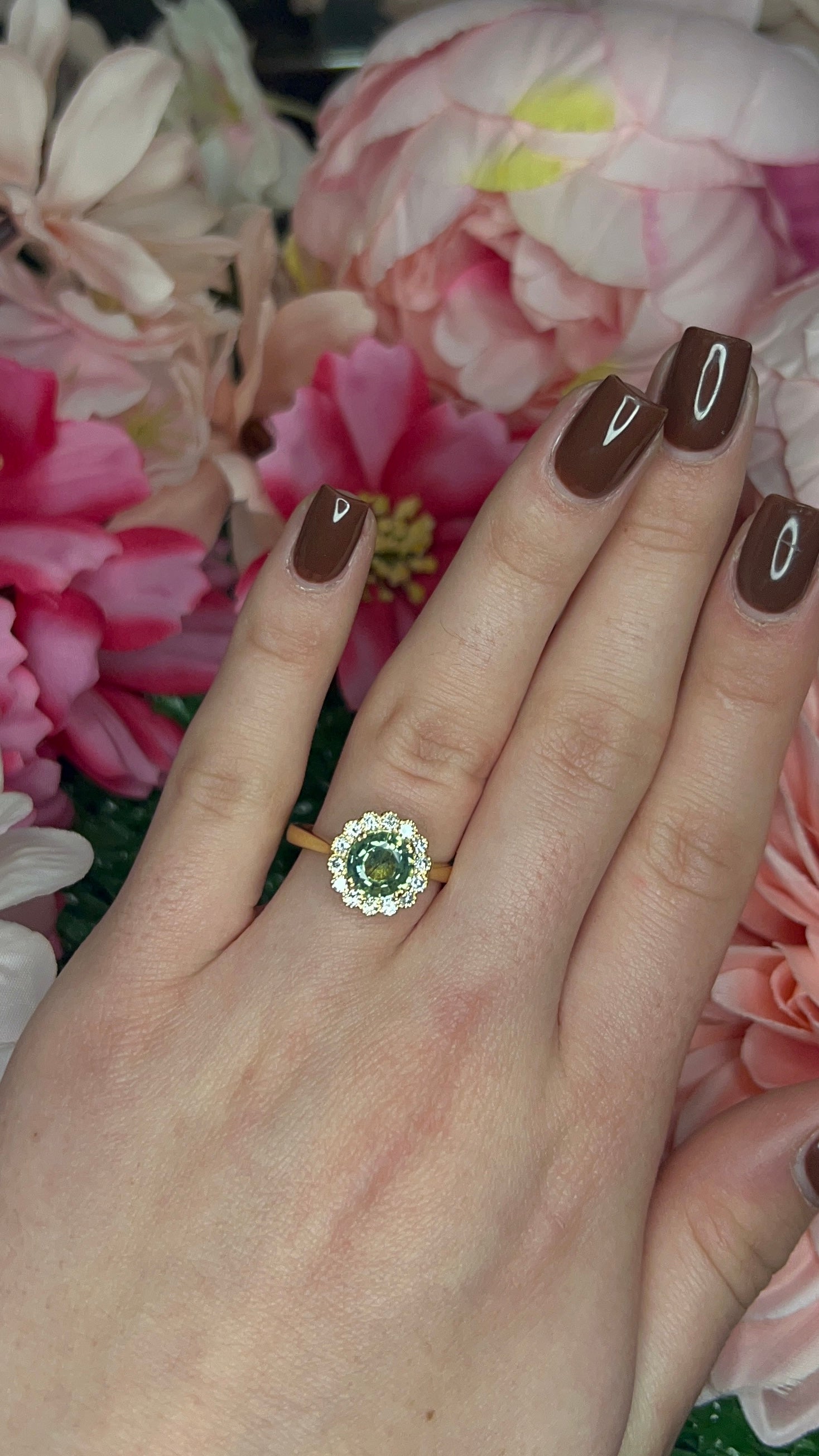 18 Carat Yellow Gold Green Sapphire and Diamond Halo Ring
