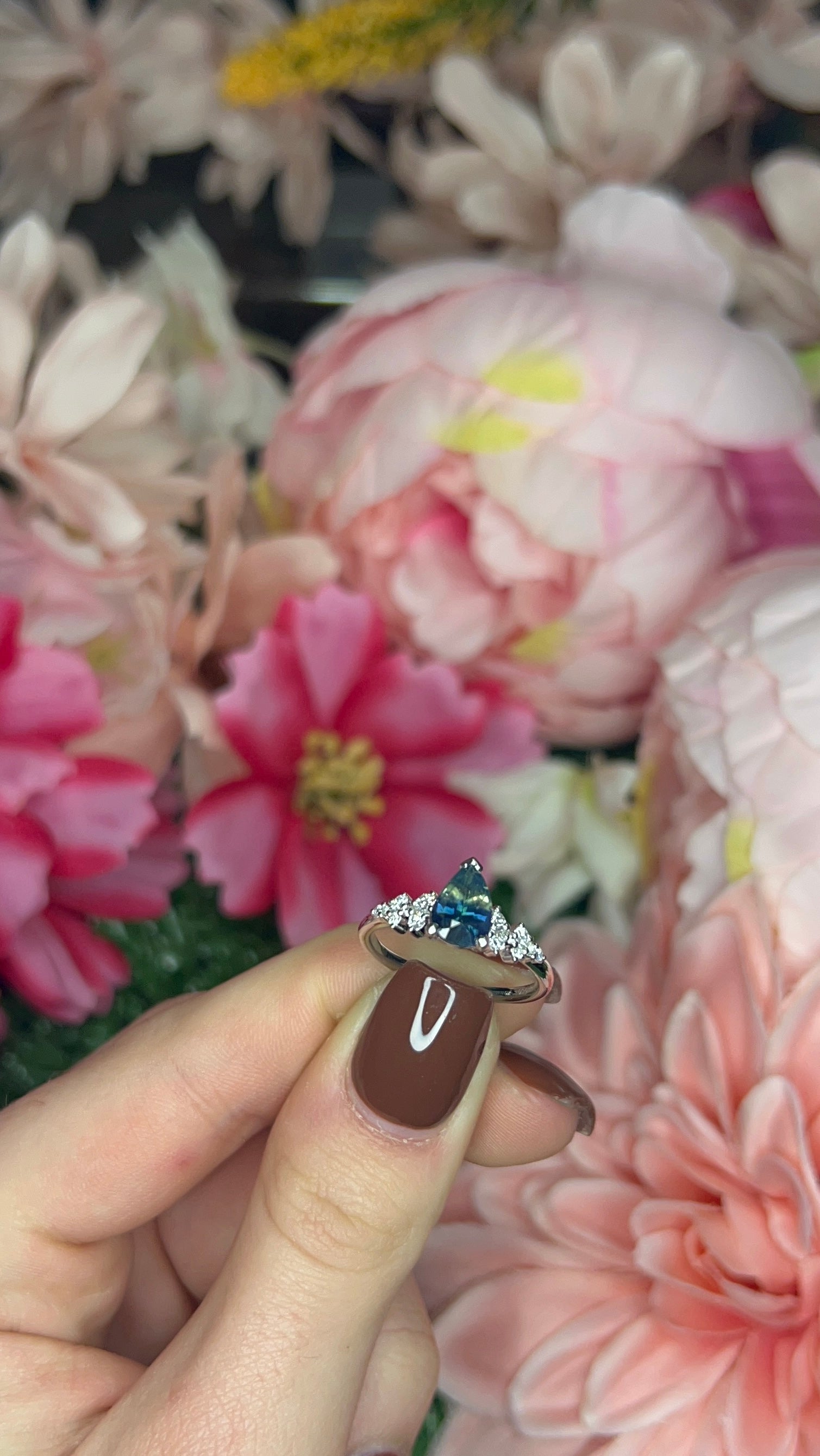 Platinum Teal Sapphire and Diamond Ring