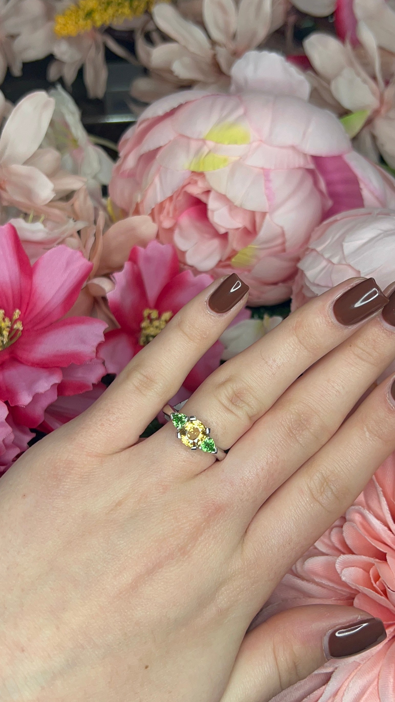 18 Carat White Gold Orange Sapphire & Tsavorite Ring