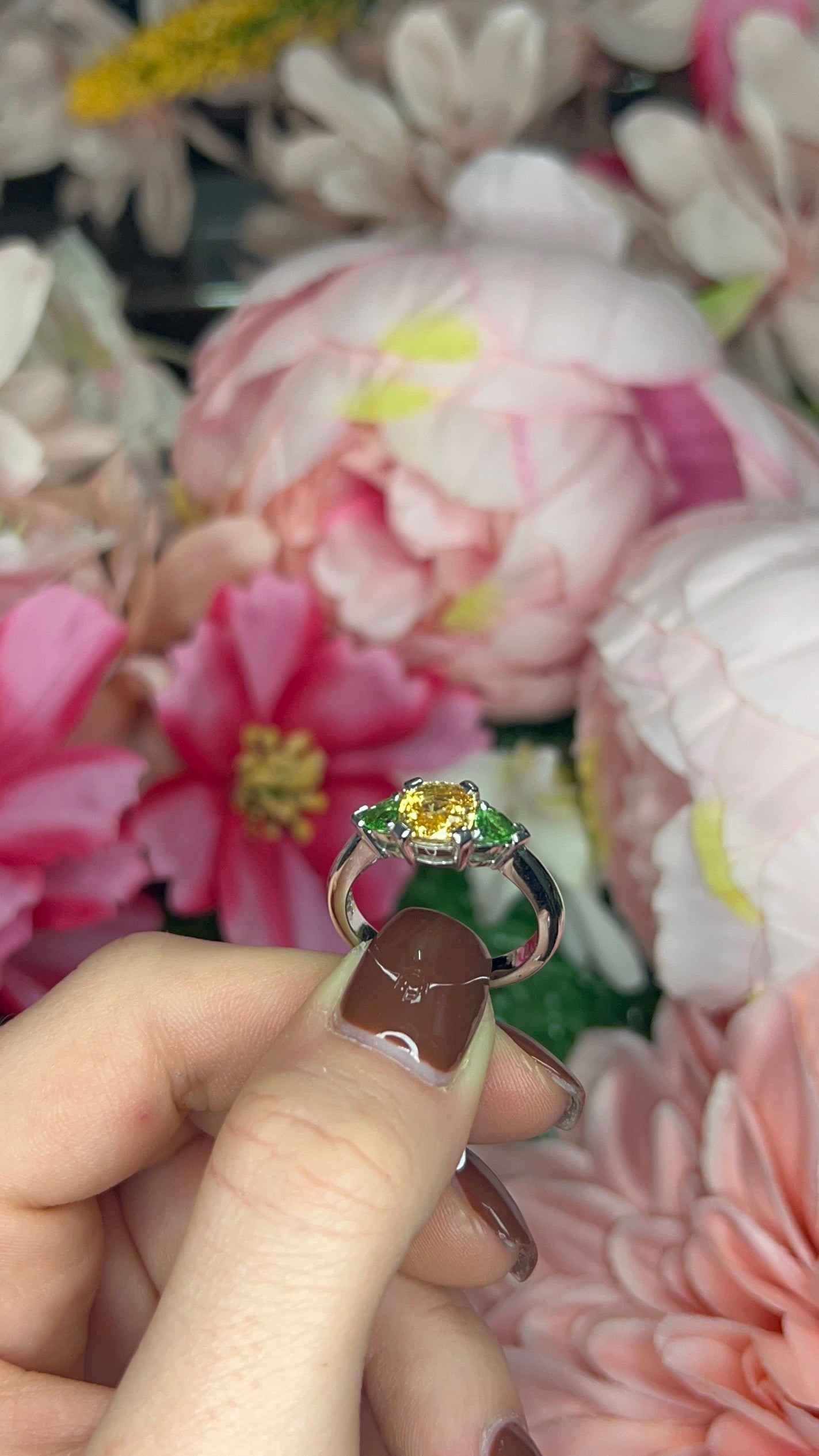 18 Carat White Gold Orange Sapphire & Tsavorite Ring