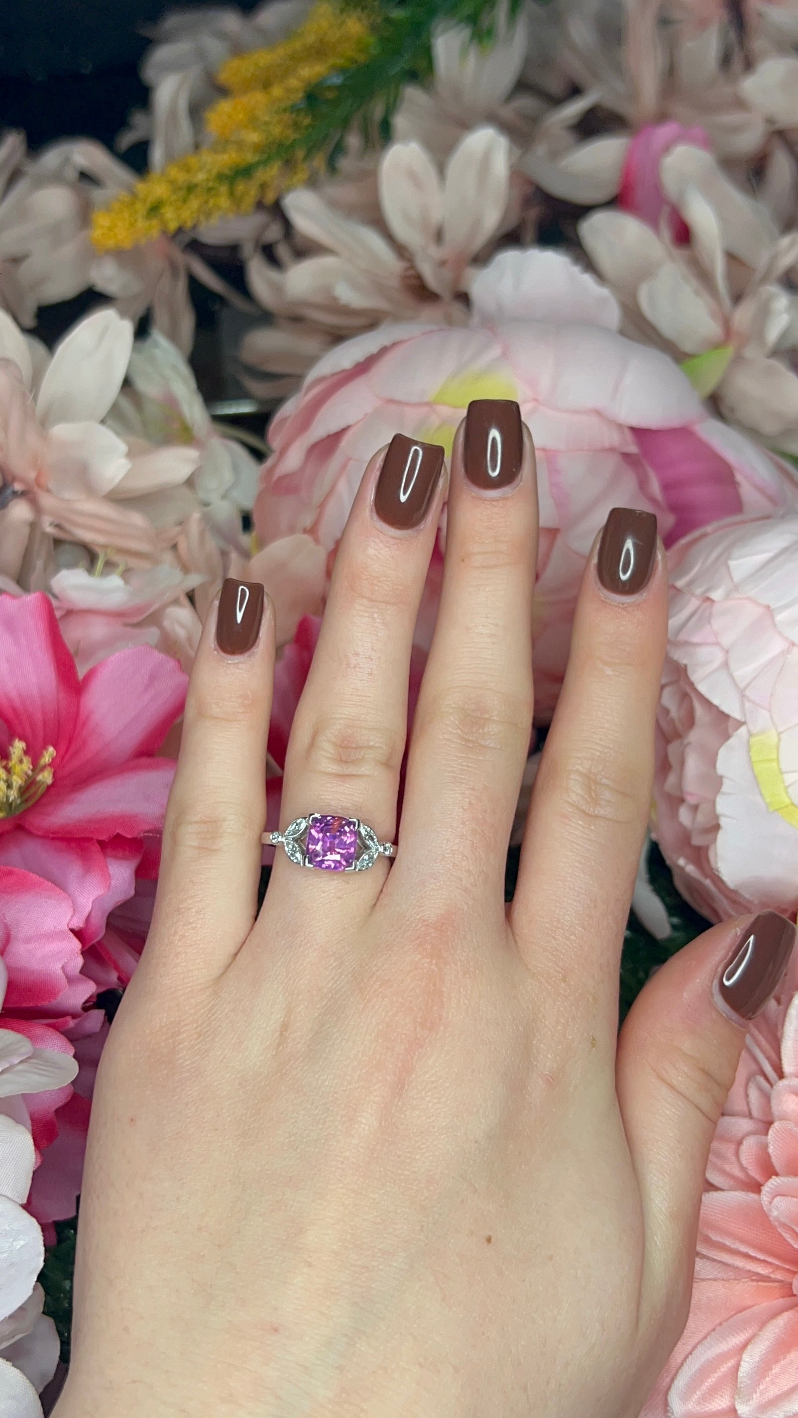 18 Carat White Gold Pink Sapphire and Diamond Leaf Ring