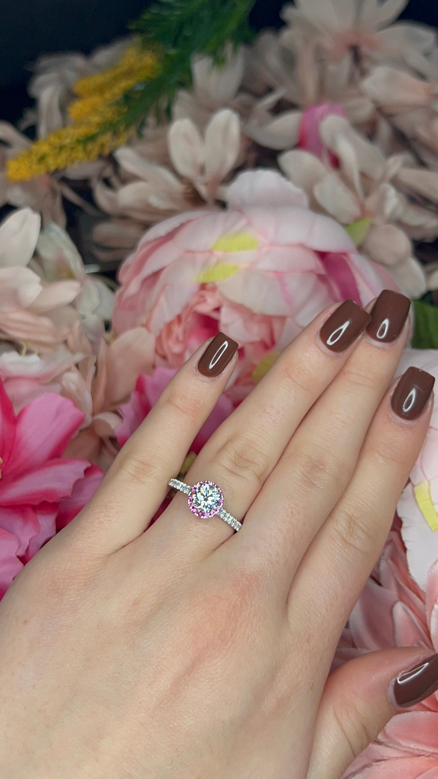 18 Carat White Gold Pink Sapphire and Diamond Halo Ring