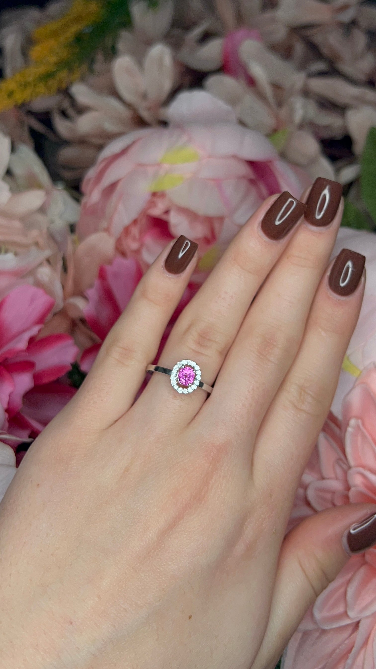 Platinum Oval Pink Sapphire & Diamond Halo Ring