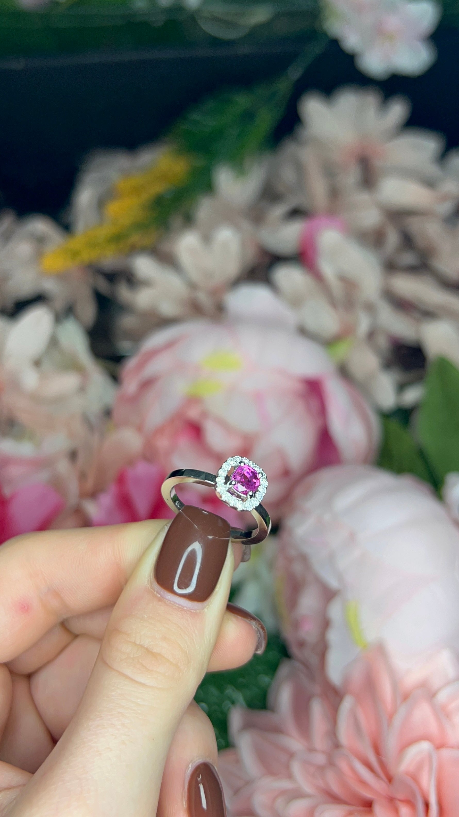 Platinum Pink Sapphire & Diamond Halo Ring