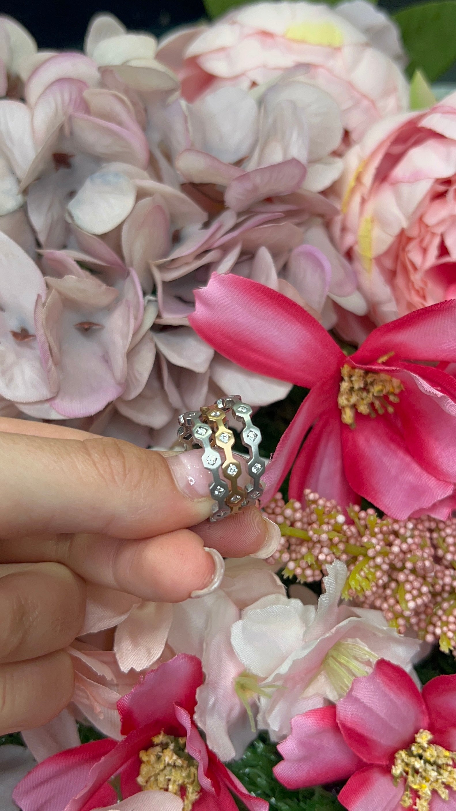 18ct White & Rose Gold Hexagonal Stacking Diamond Rings