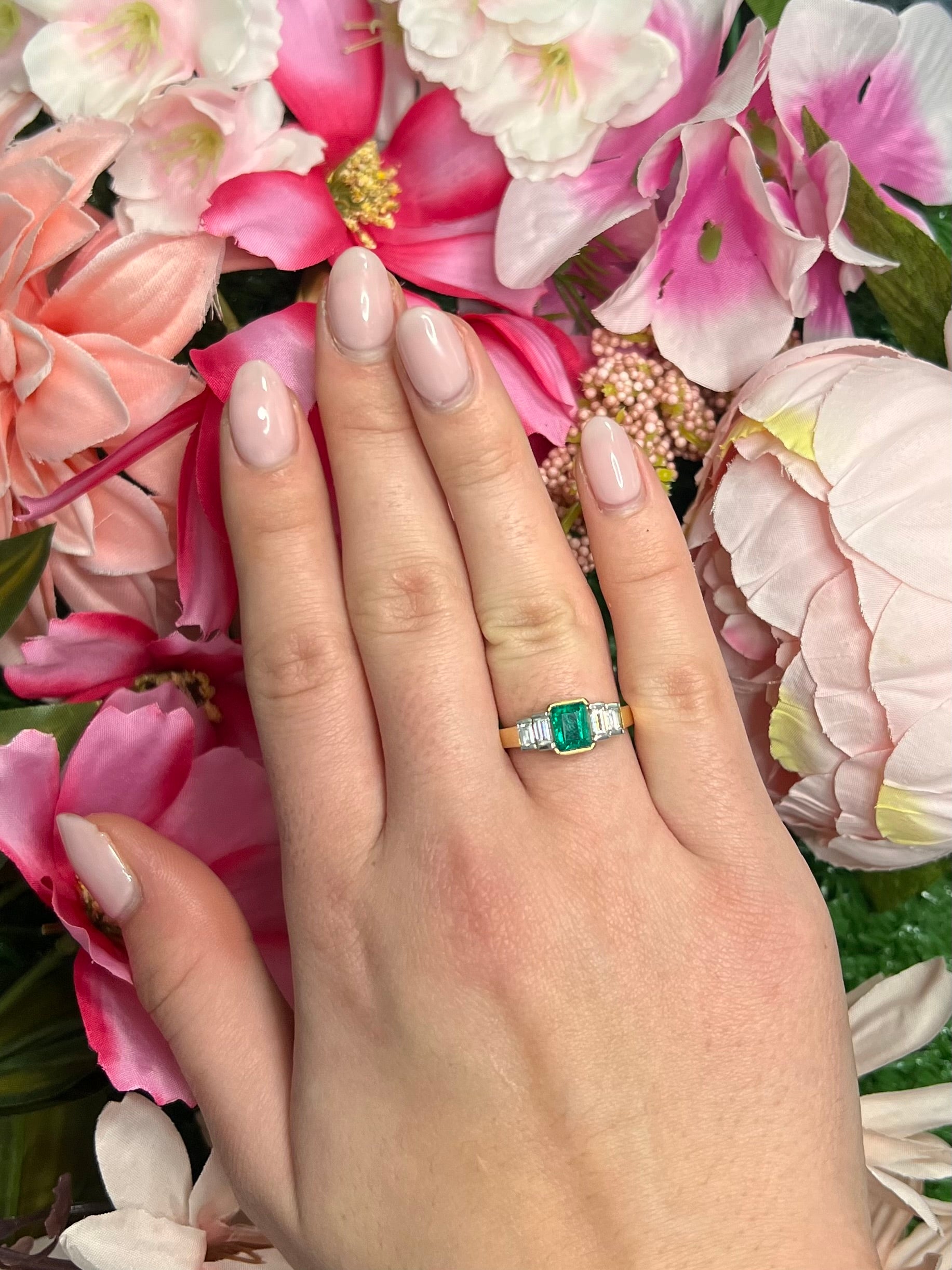 18 Carat Yellow Gold & Platinum Emerald and Diamond Ring