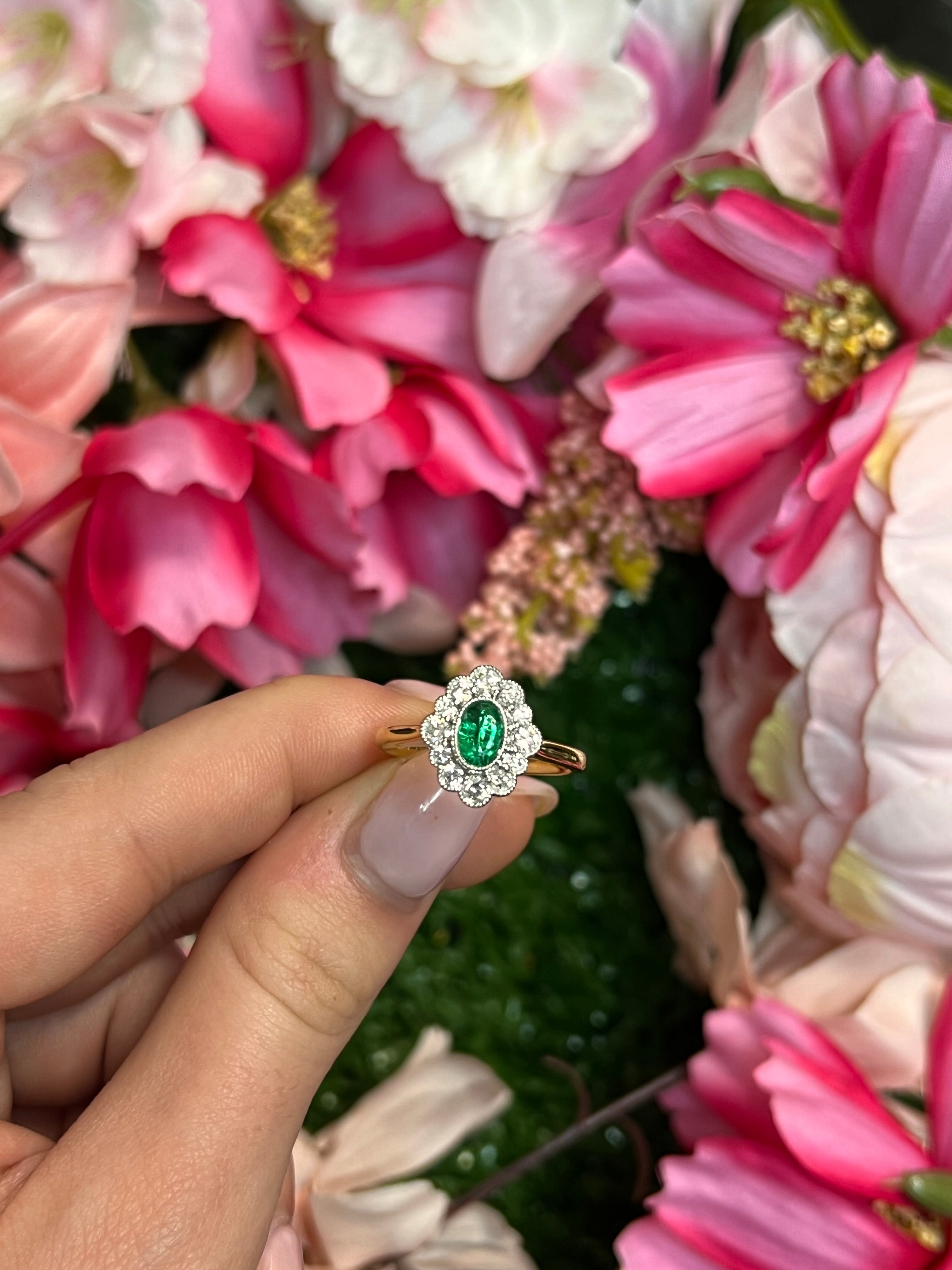 18 Carat White & Yellow Gold Emerald and Diamond Halo Ring