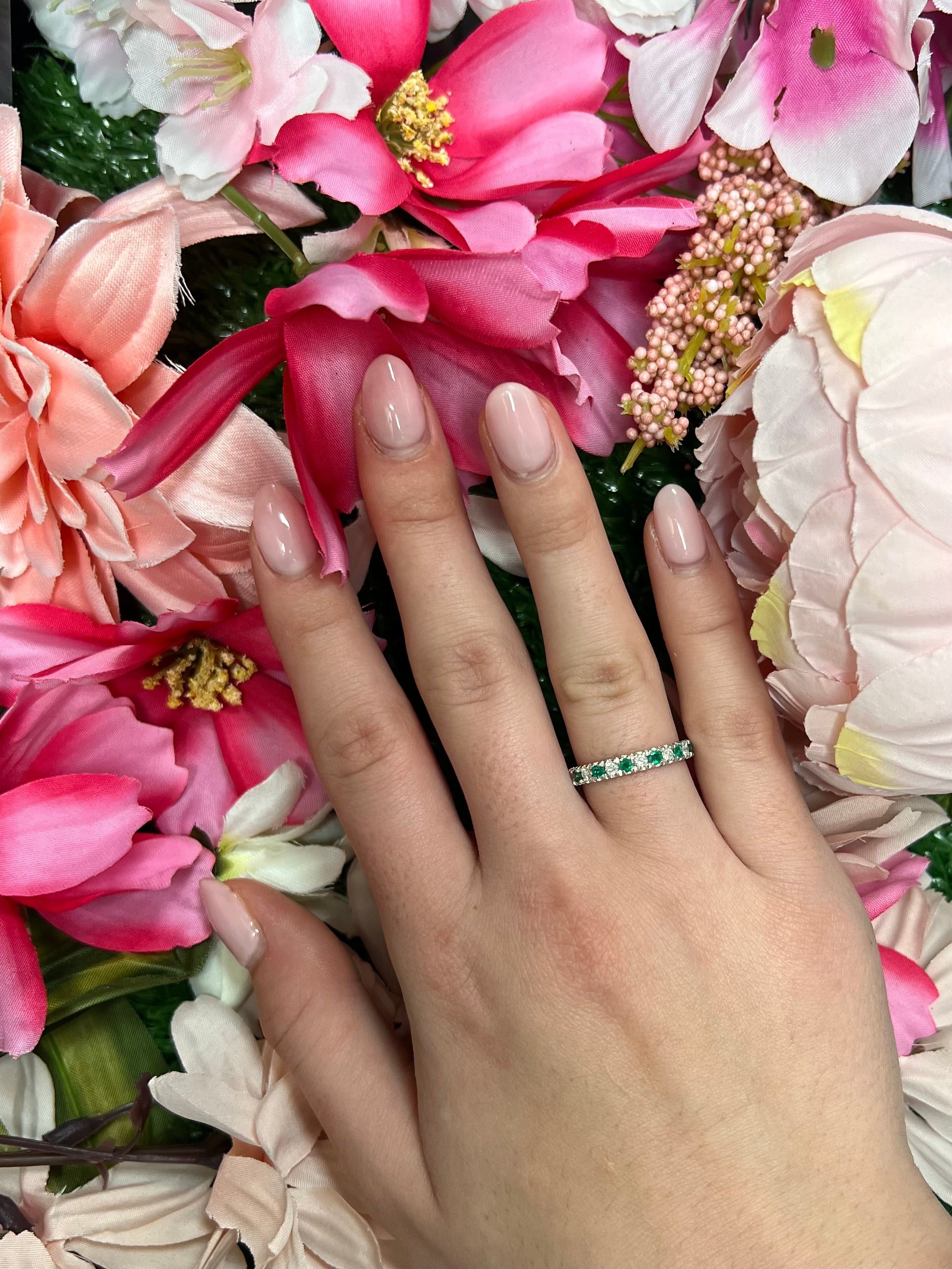 18 Carat White Gold Emerald and Diamond Full Eternity Ring