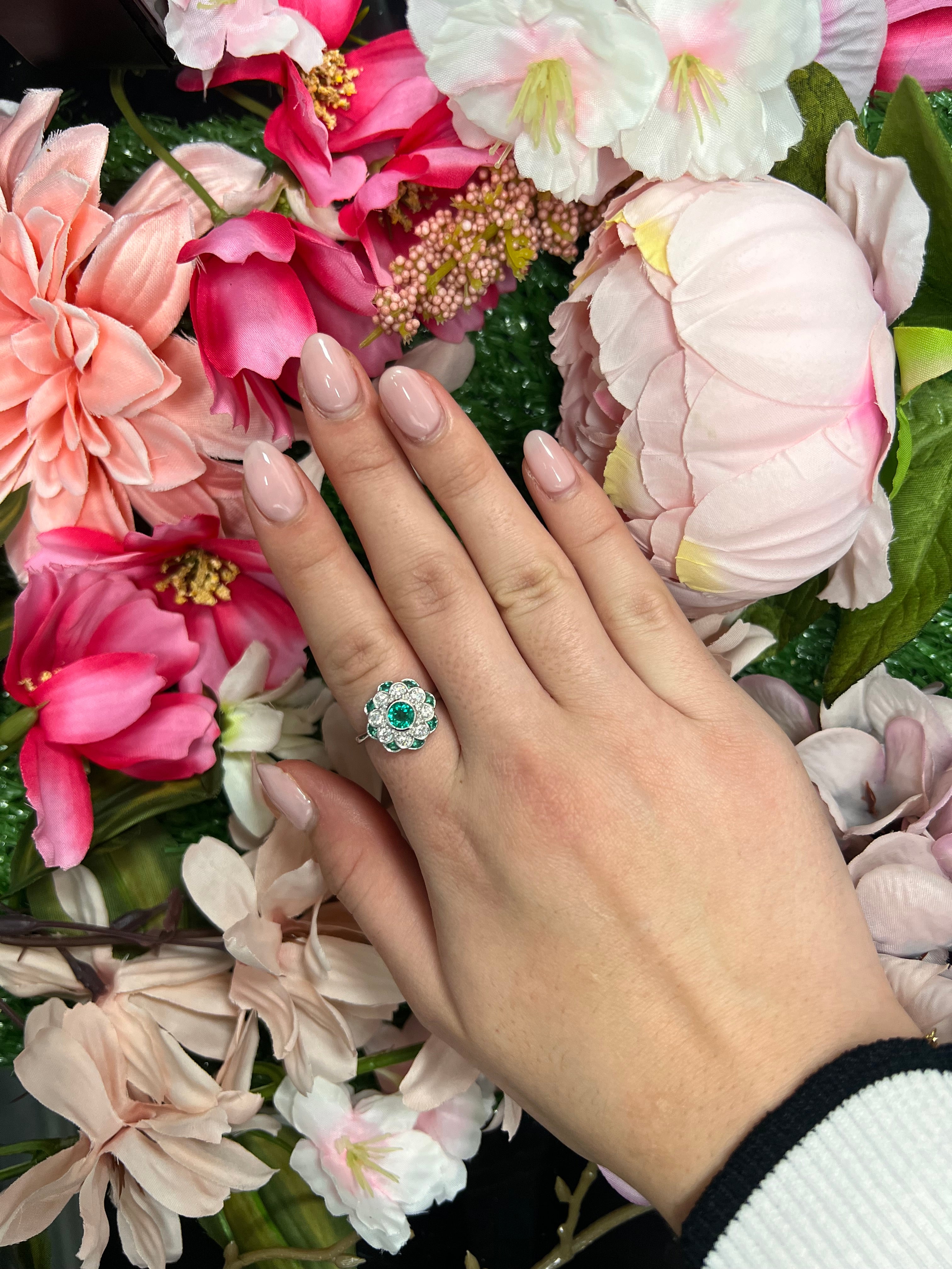 18 Carat White Gold Emerald and Diamond Cluster Ring