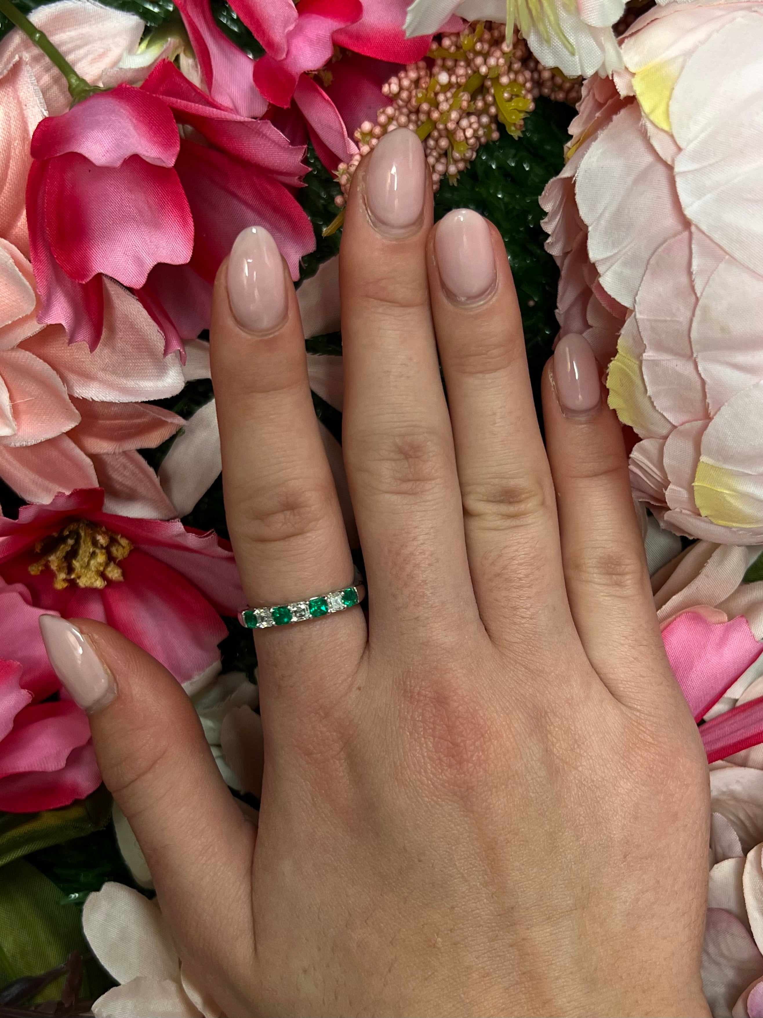 18 Carat White Gold Asscher Cut Emerald and Diamond Ring