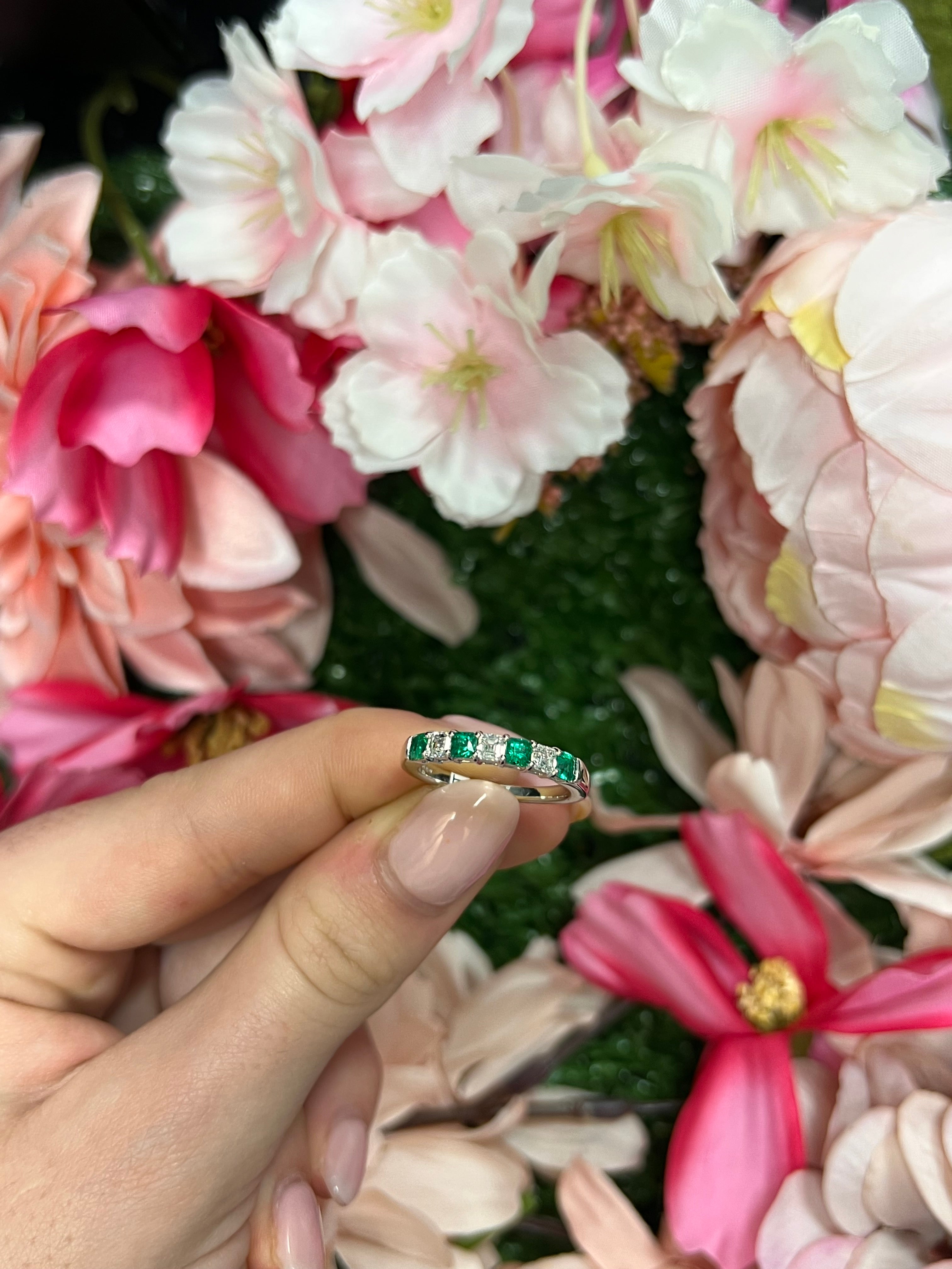 18 Carat White Gold Asscher Cut Emerald and Diamond Ring