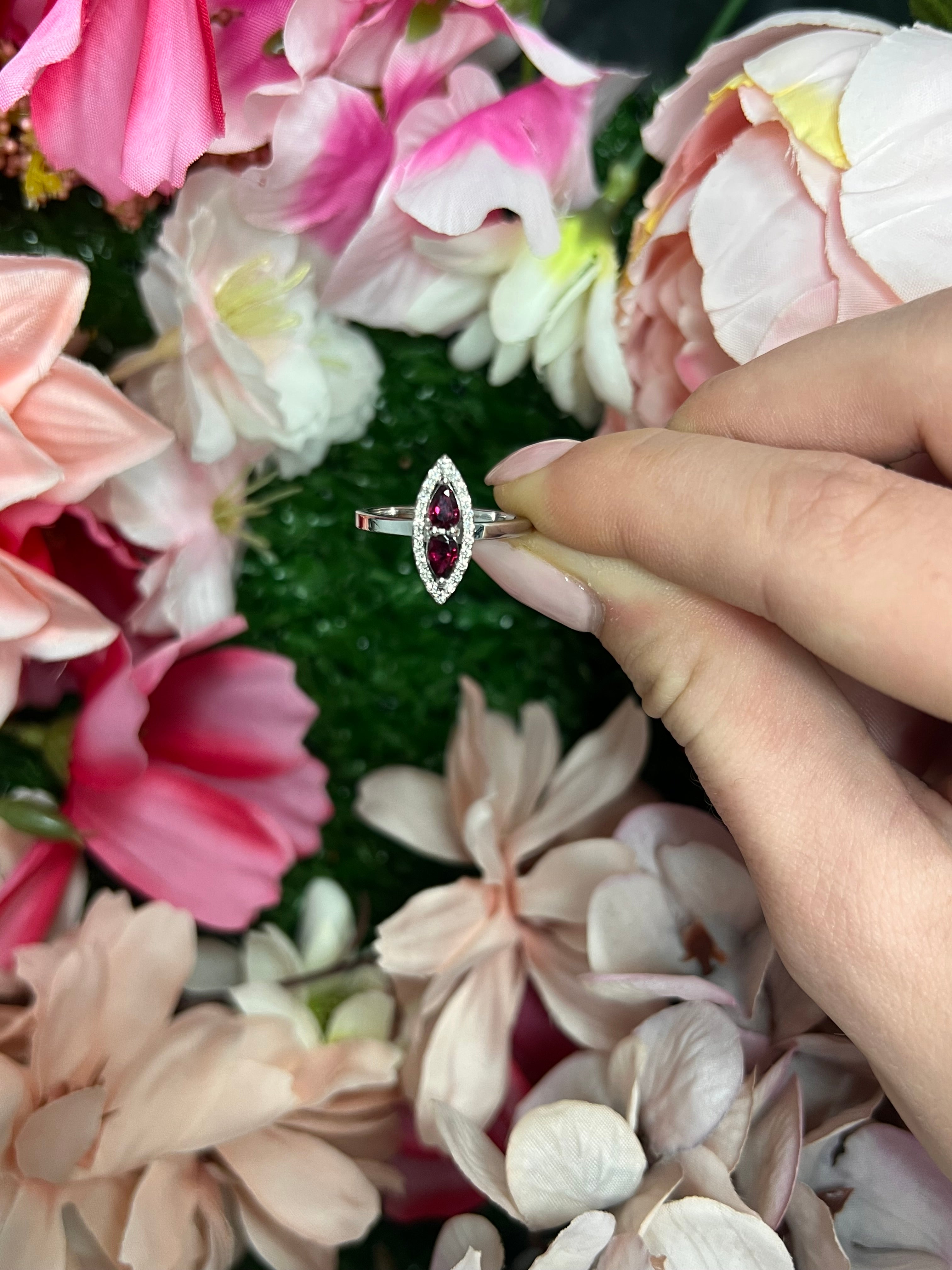 18 Carat White Gold Ruby & Diamond Marquise Dress Ring – Handmade Design