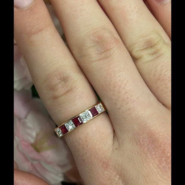 18 Carat Rose Gold Ruby and Diamond Half Eternity Ring