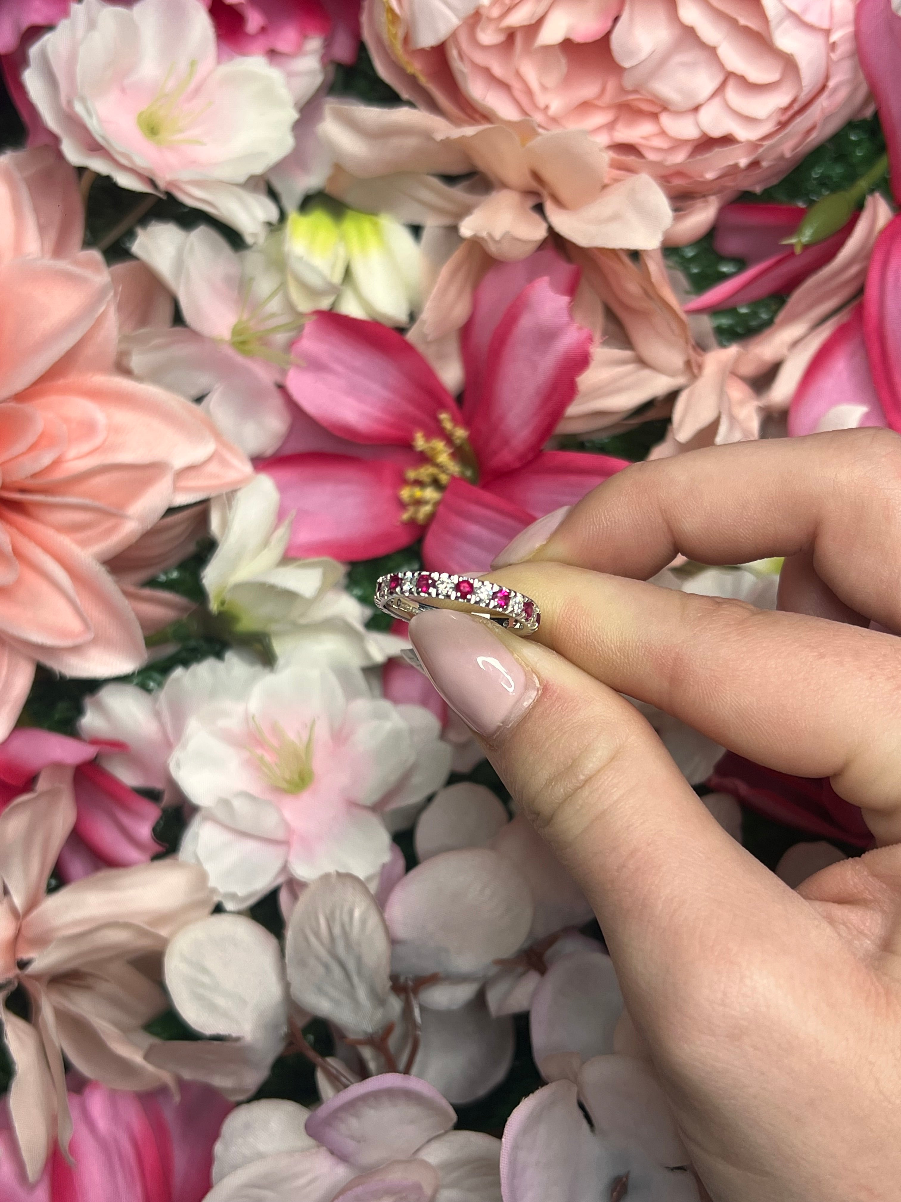 18 Carat White Gold Ruby & Diamond Full Eternity Ring
