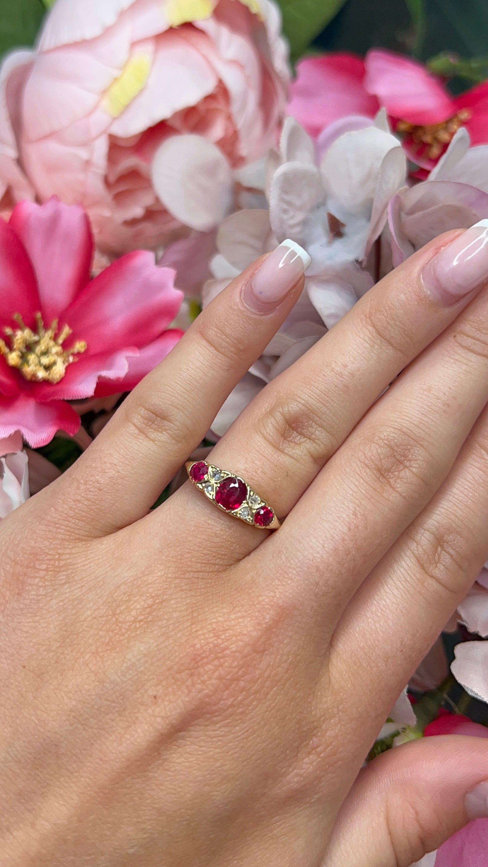 18 Carat Yellow Gold Ruby and Diamond Carved Half Hoop Ring