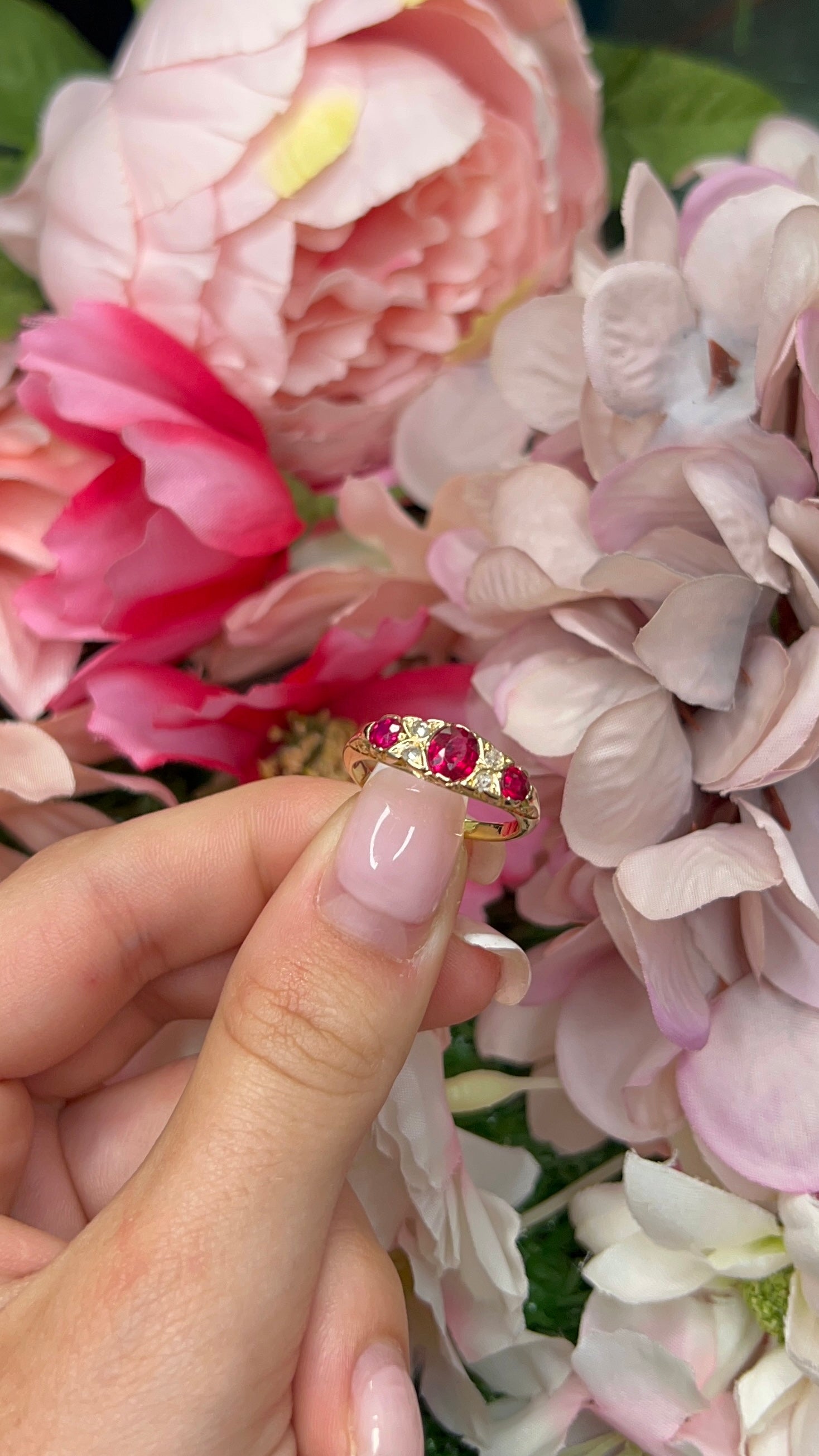 18 Carat Yellow Gold Ruby and Diamond Carved Half Hoop Ring