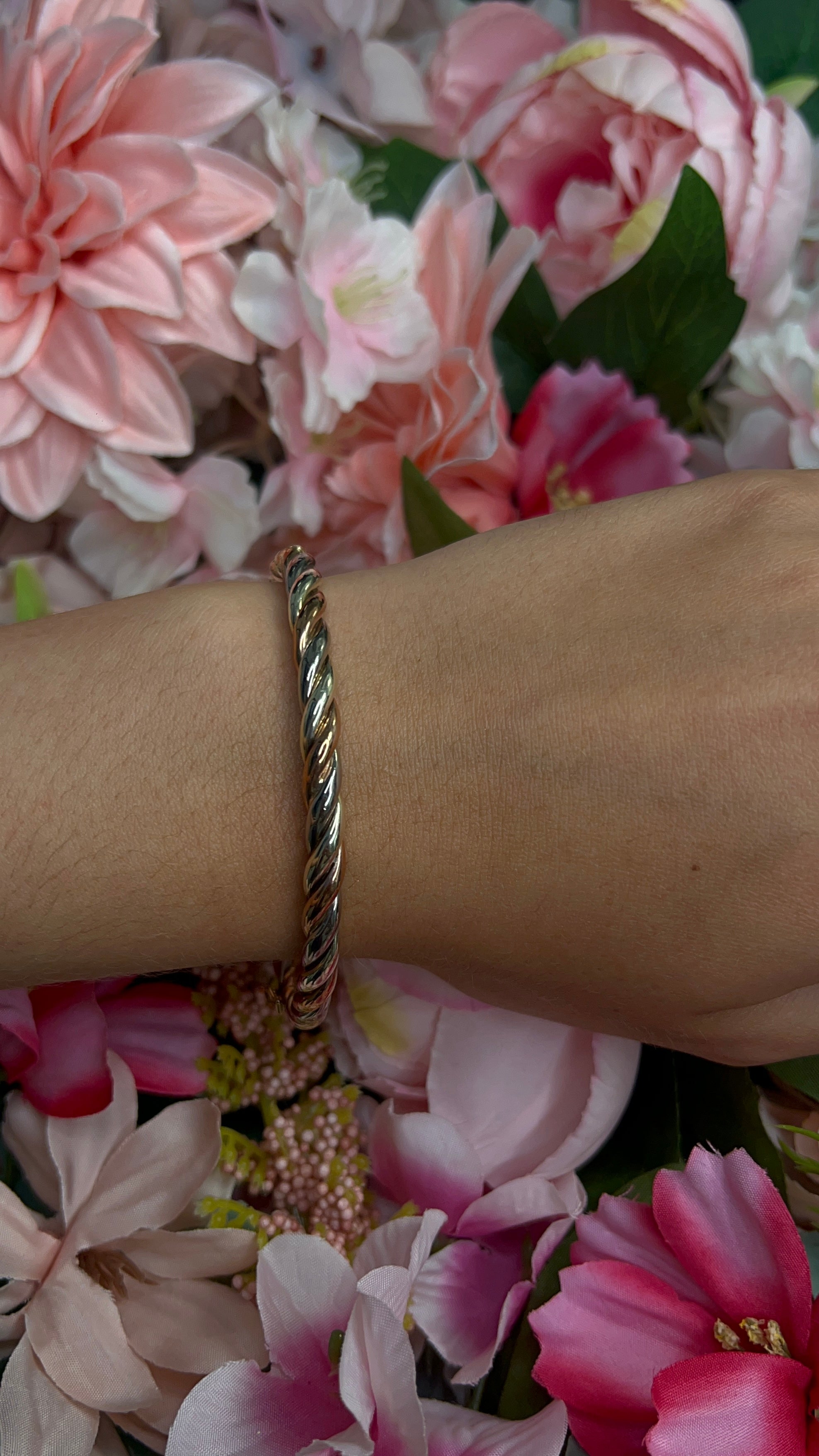 9 Carat White, Rose and Yellow Gold Twist Bangle