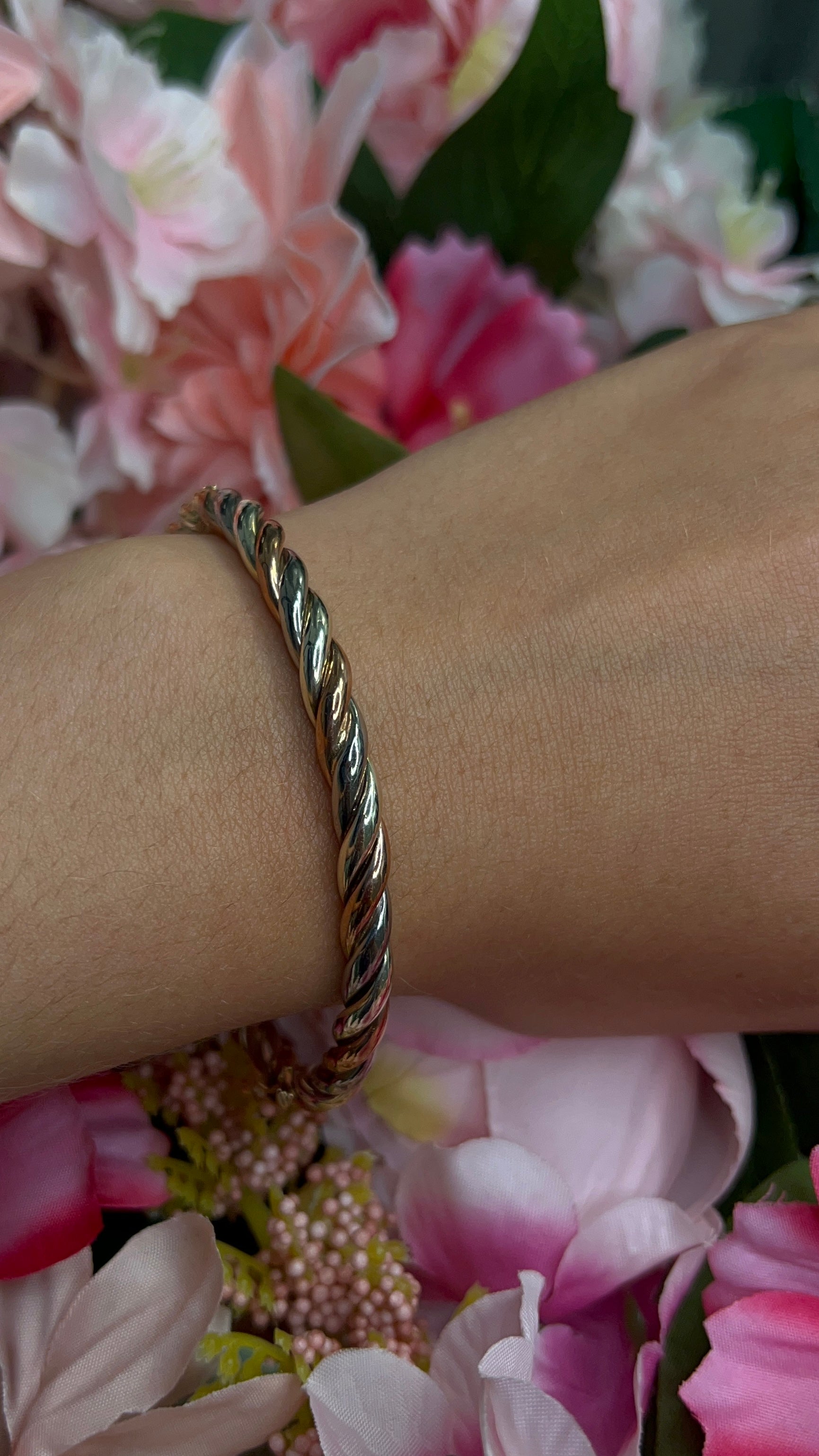 9 Carat White, Rose and Yellow Gold Twist Bangle