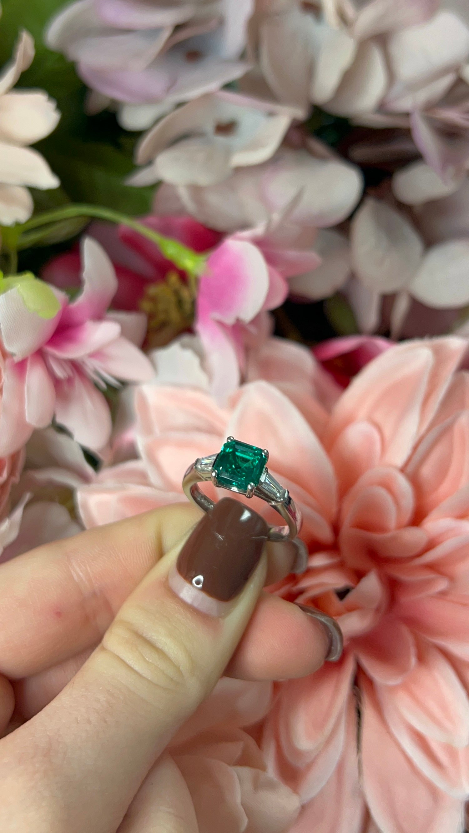 Platinum Synthetic Emerald and Laboratory Grown Diamond Ring