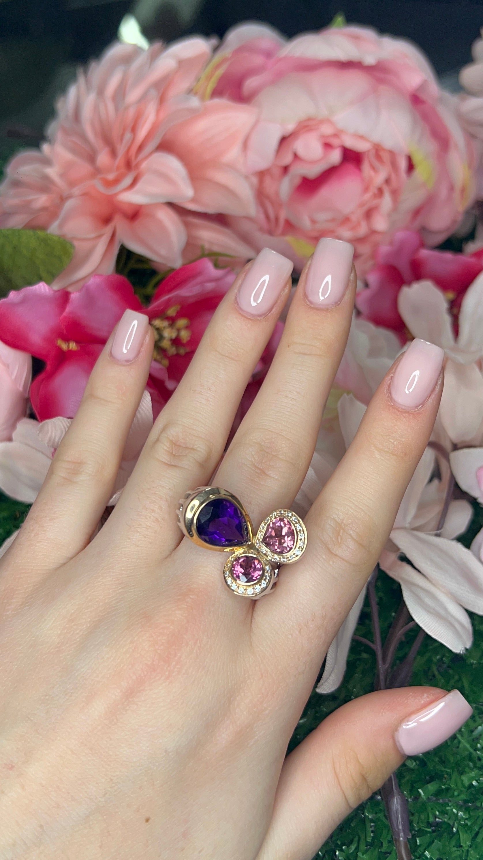 14 Carat White and Yellow Gold Tourmaline, Amethyst and Diamond Dress Ring