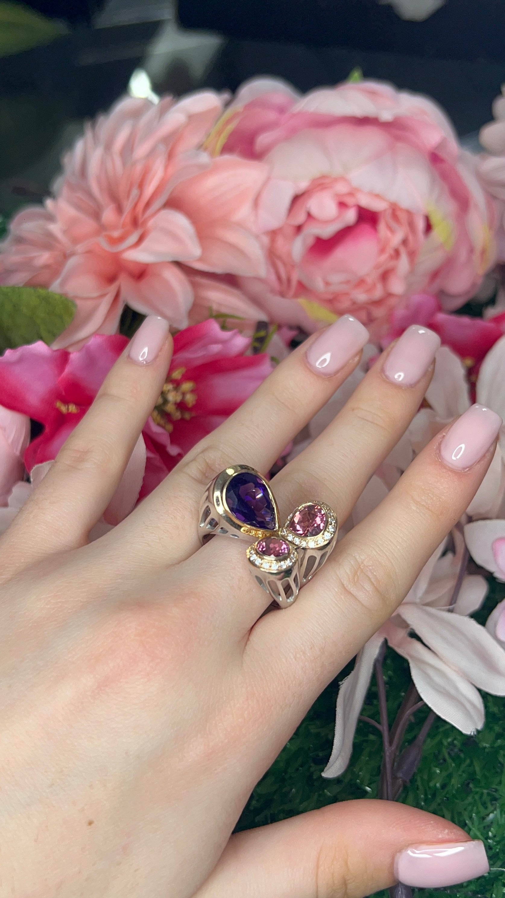 14 Carat White and Yellow Gold Tourmaline, Amethyst and Diamond Dress Ring