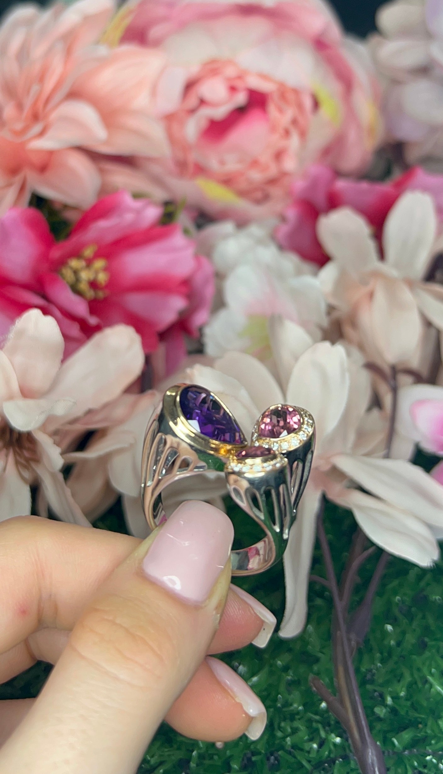 14 Carat White and Yellow Gold Tourmaline, Amethyst and Diamond Dress Ring