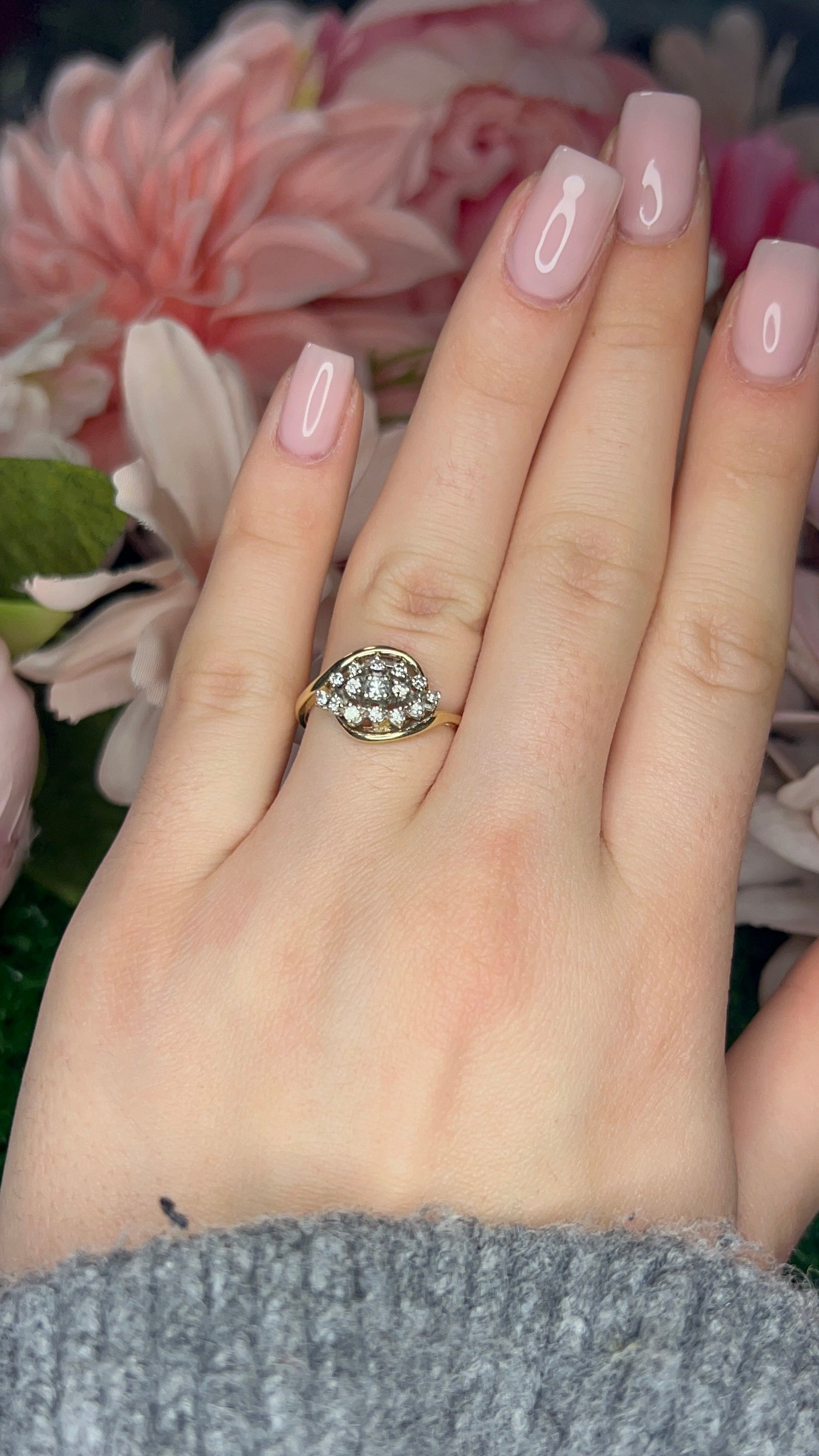 14 Carat Yellow Gold Diamond Cluster Crossover Ring