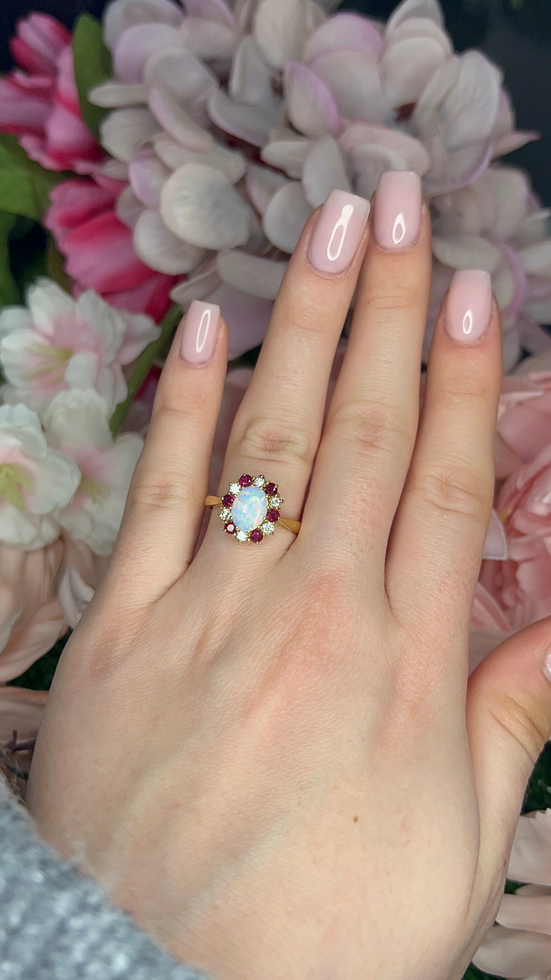 18 Carat Yellow Gold Opal, Ruby and Diamond Cluster Ring