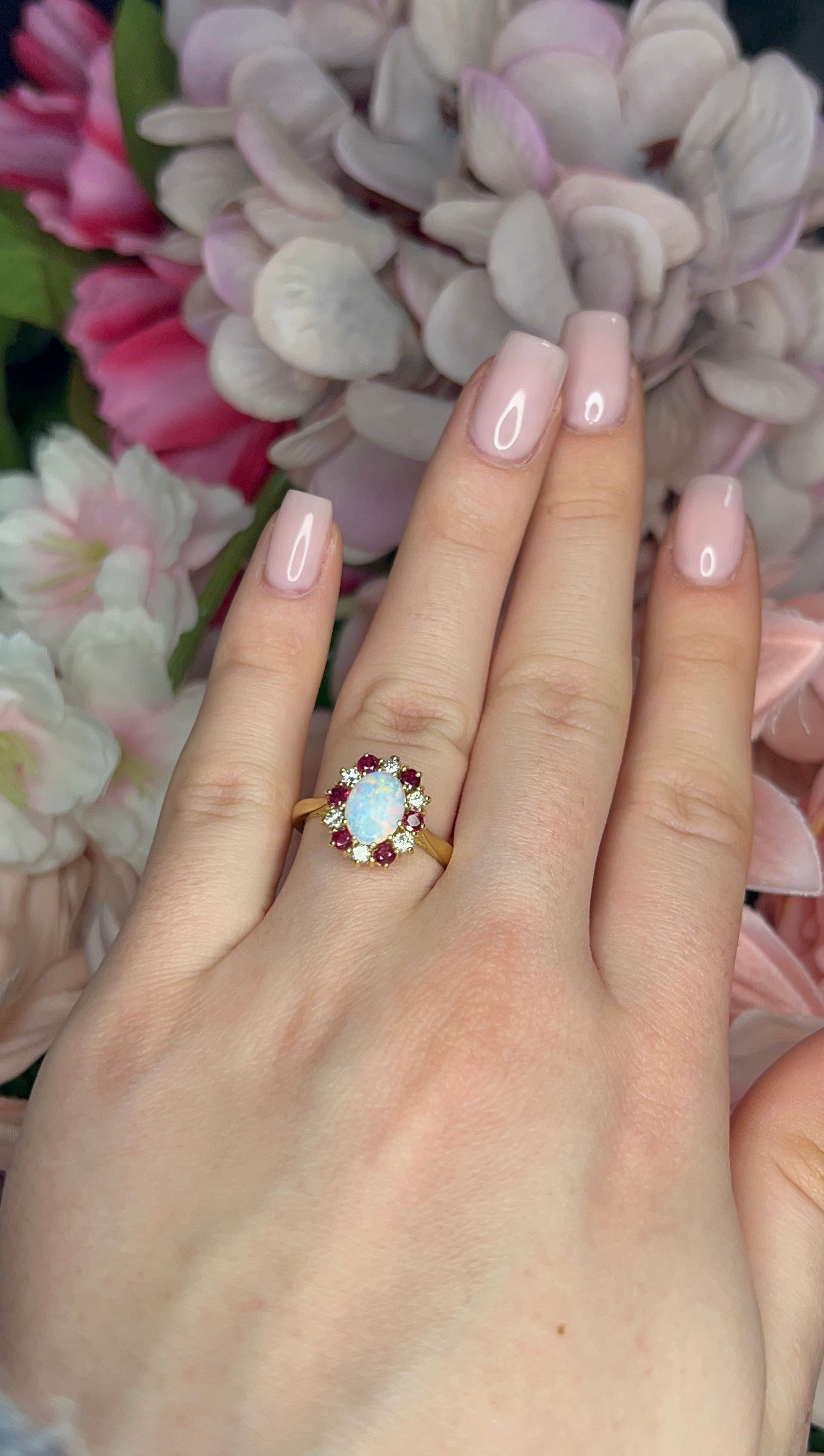 18 Carat Yellow Gold Opal, Ruby and Diamond Cluster Ring